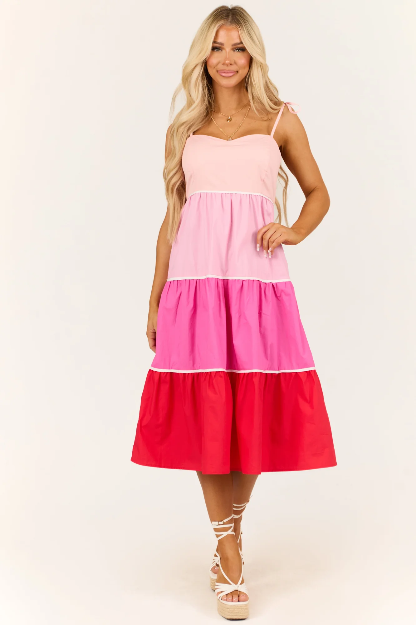 Sweetheart Neckline Baby Pink Tiered Colorblock Midi Dress