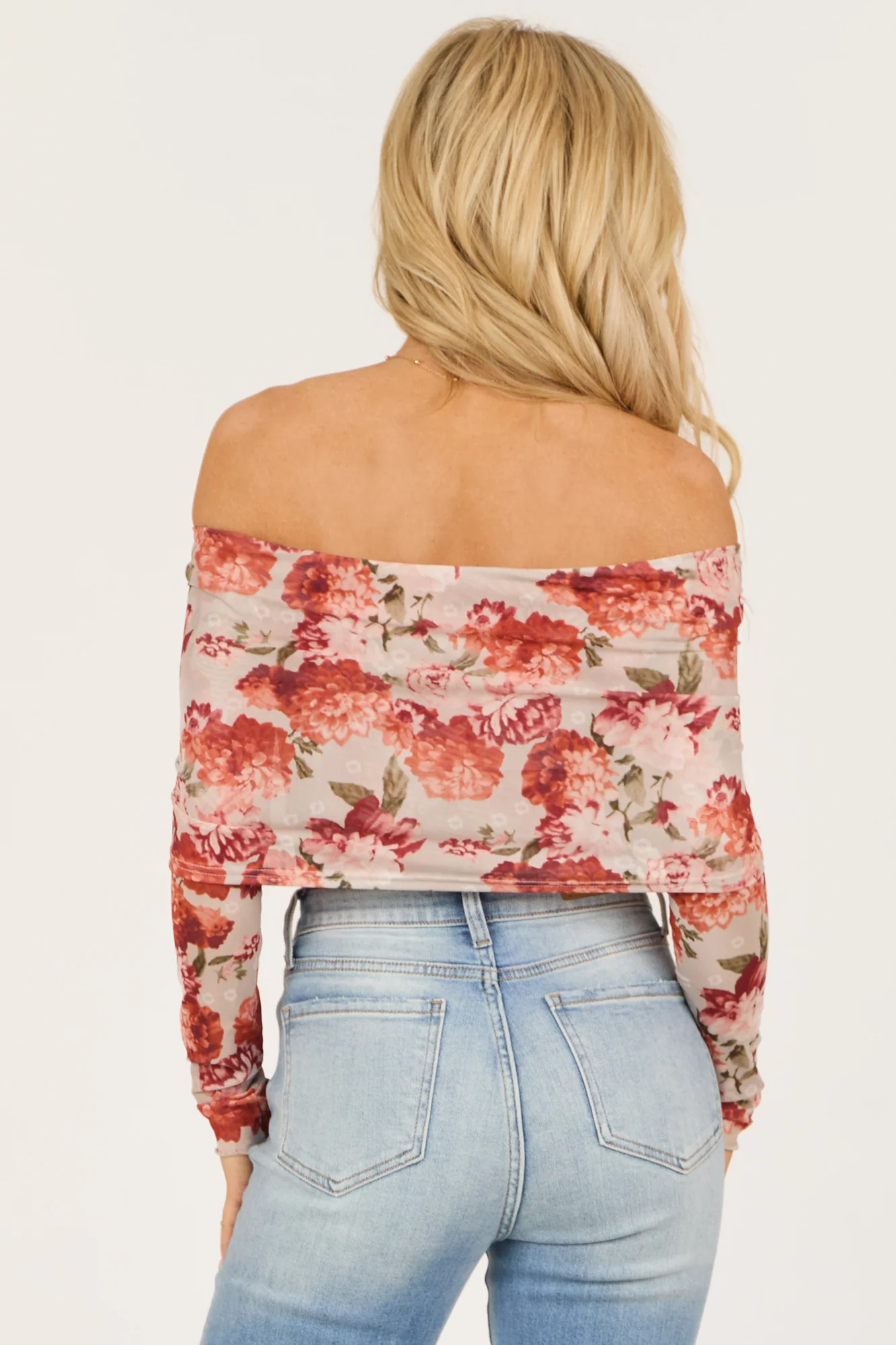 Floral Print Off the Shoulder Bodysuit in Dove Grey
