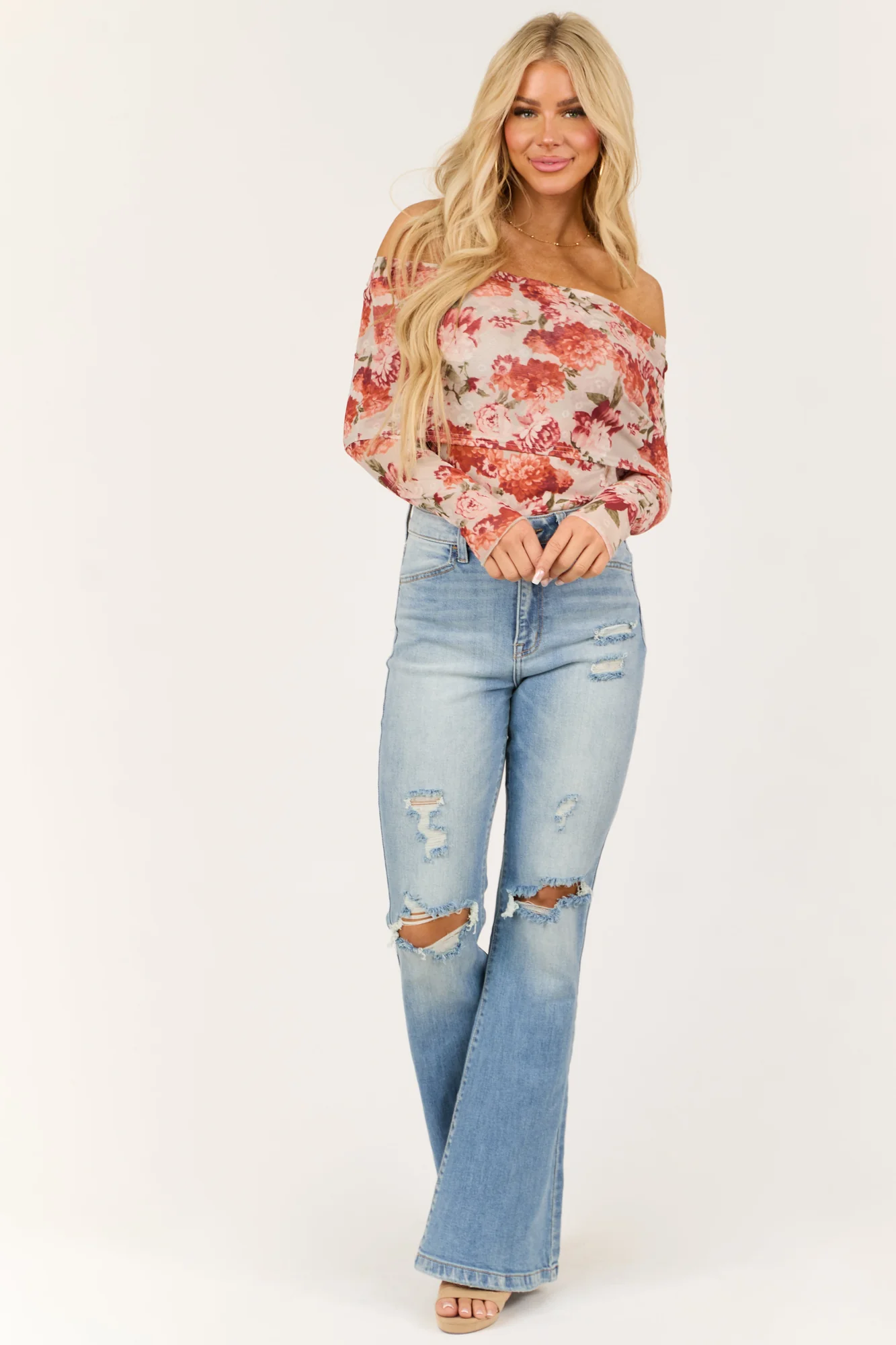 Floral Print Off the Shoulder Bodysuit in Dove Grey