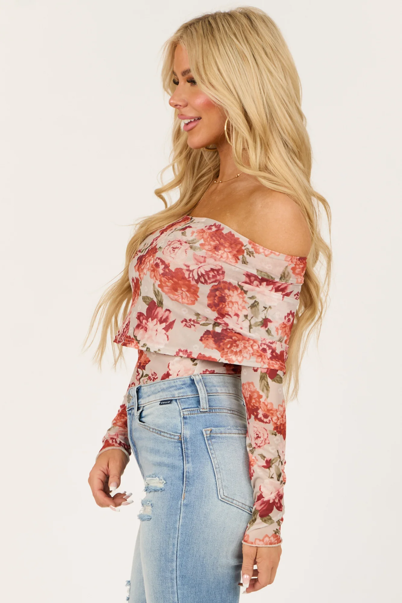 Floral Print Off the Shoulder Bodysuit in Dove Grey