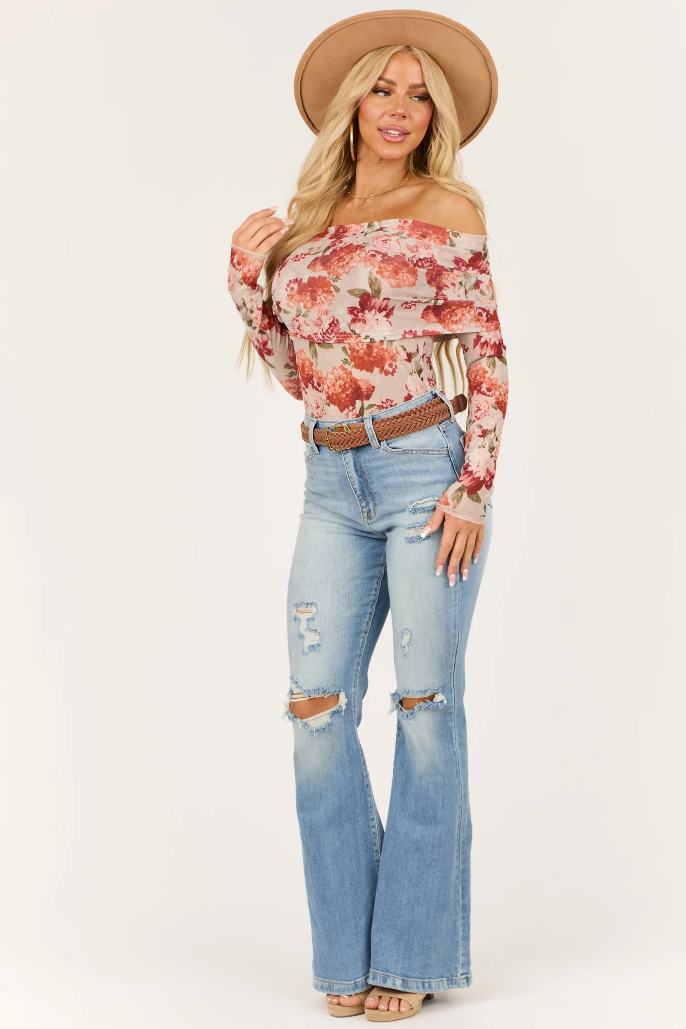 Floral Print Off the Shoulder Bodysuit in Dove Grey