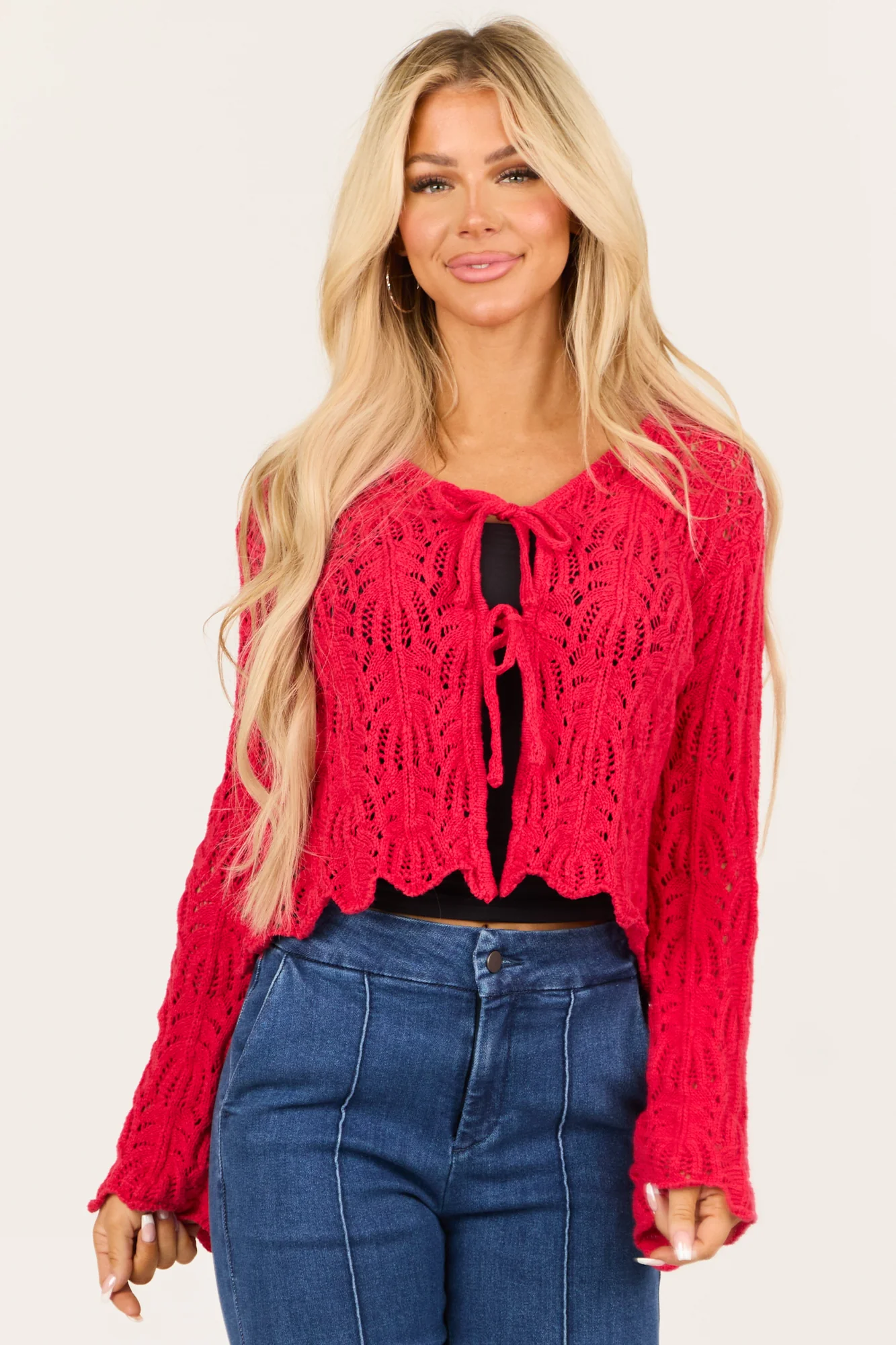Red Crochet Knit V-Neck Cropped Cardigan