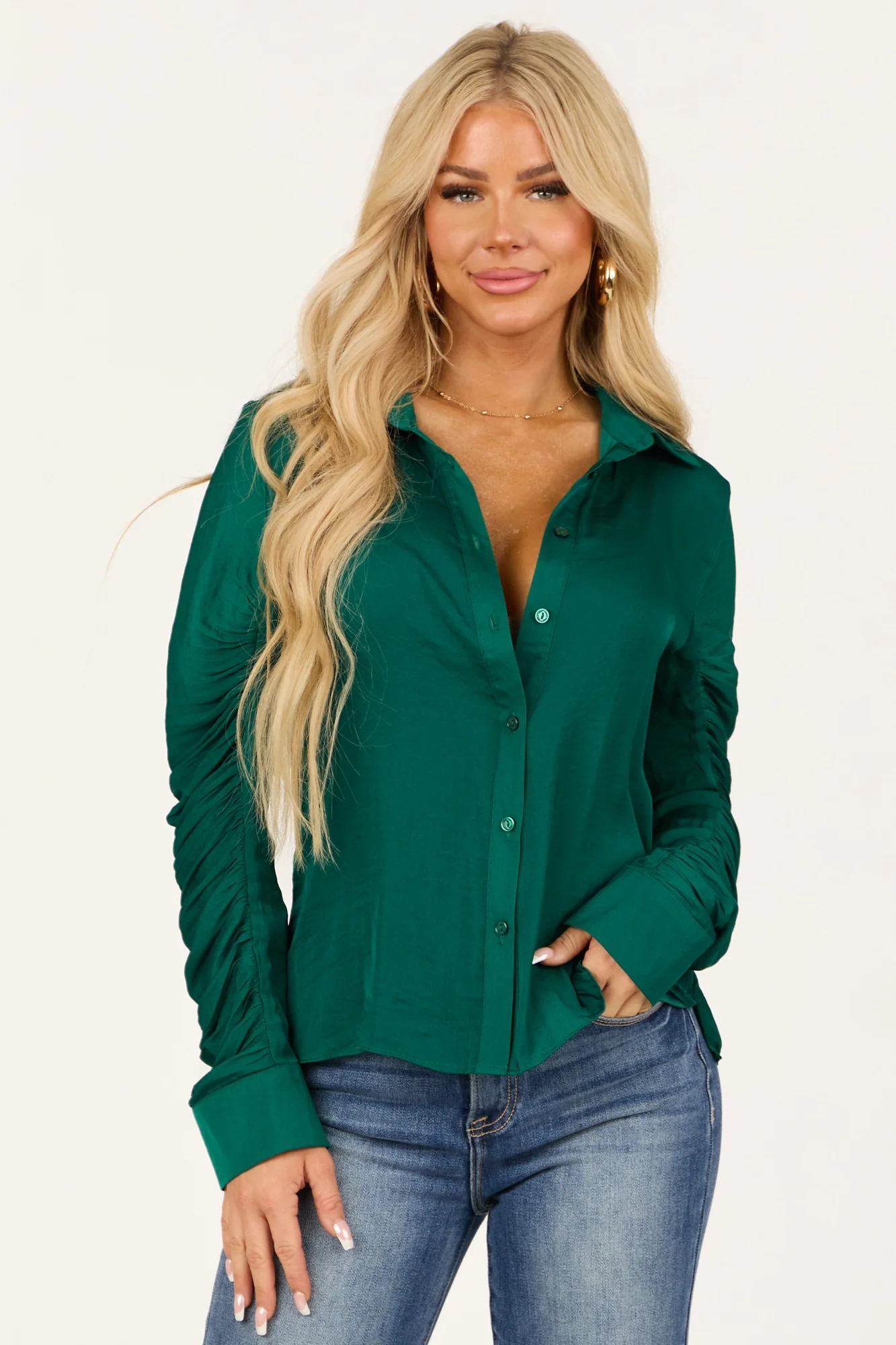 Green Ruched Button Down Top - Stylish Comfort for Everyday Wear