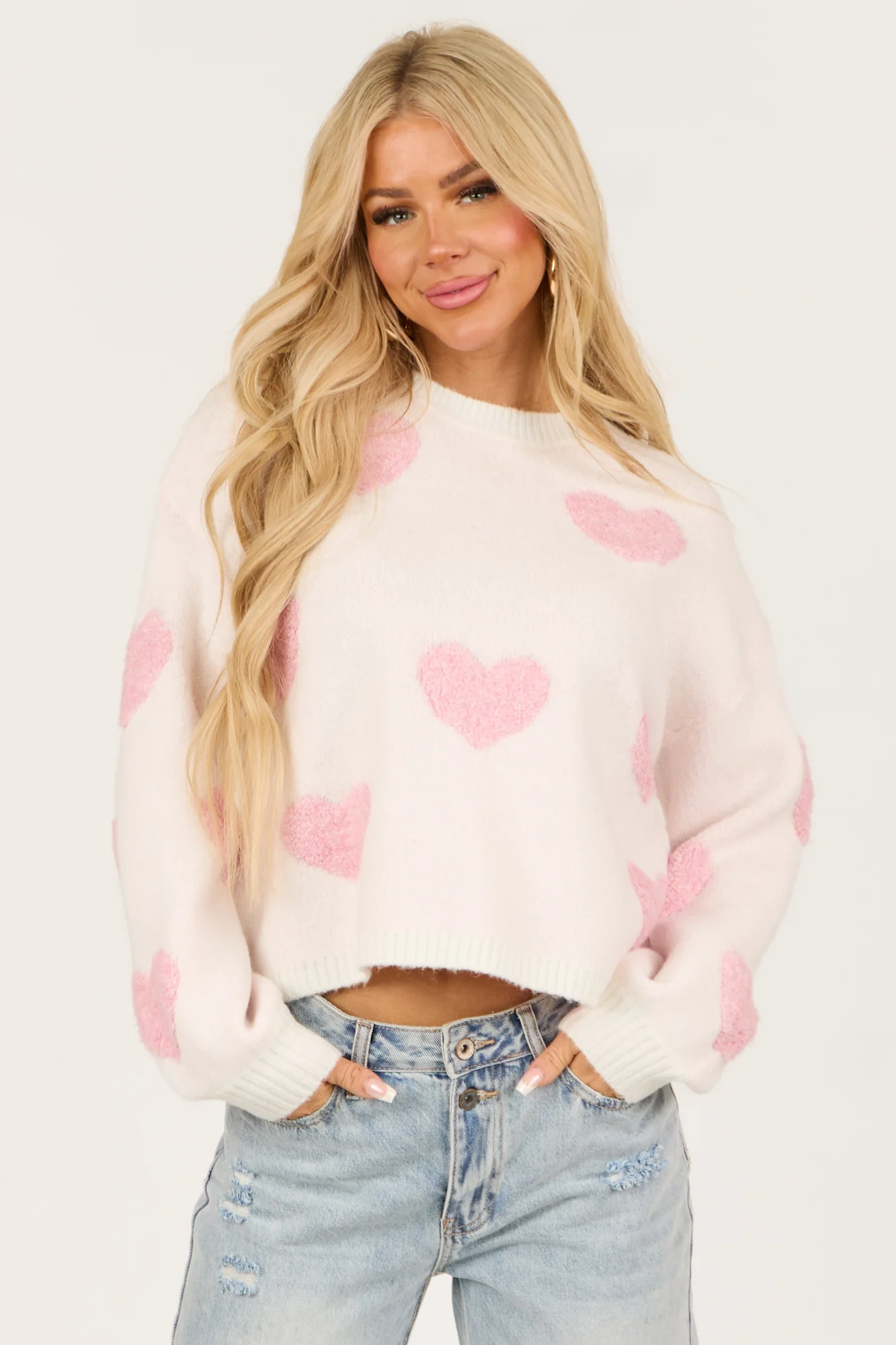 Heart Print Long Sleeve Ivory Sweater