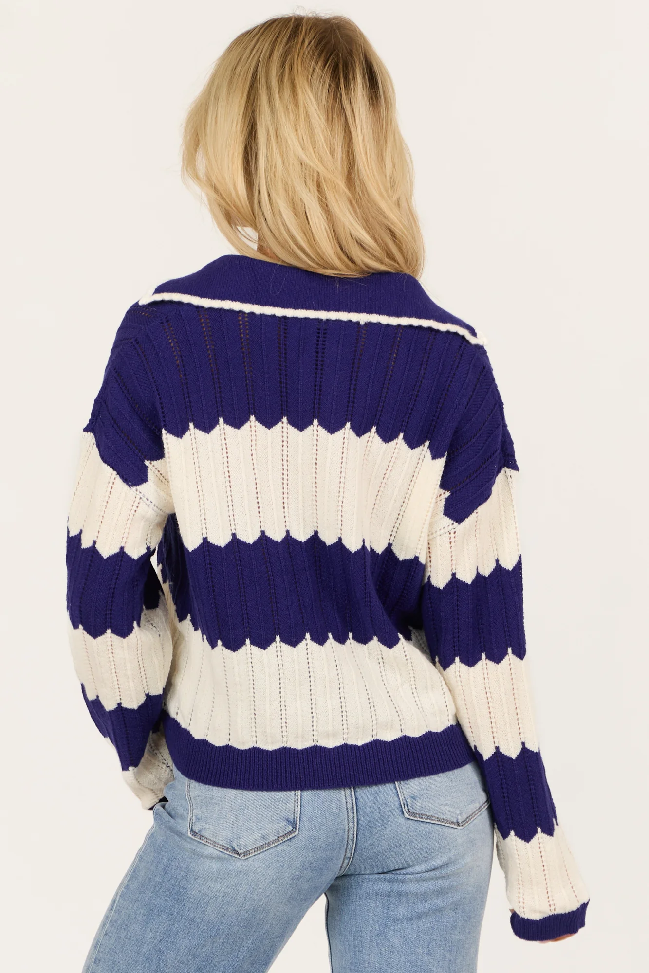 Navy and Cream Striped Ribbed Knit V-Neck Sweater