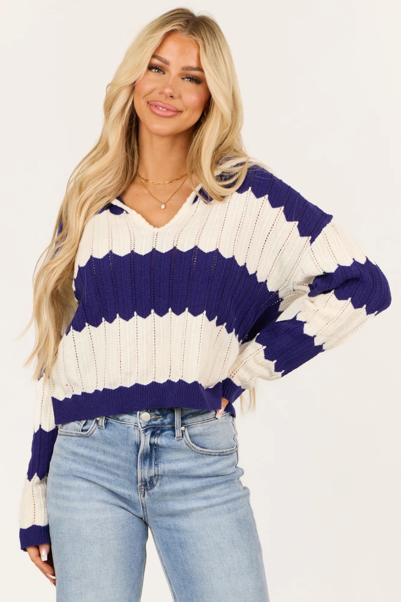 Navy and Cream Striped Ribbed Knit V-Neck Sweater
