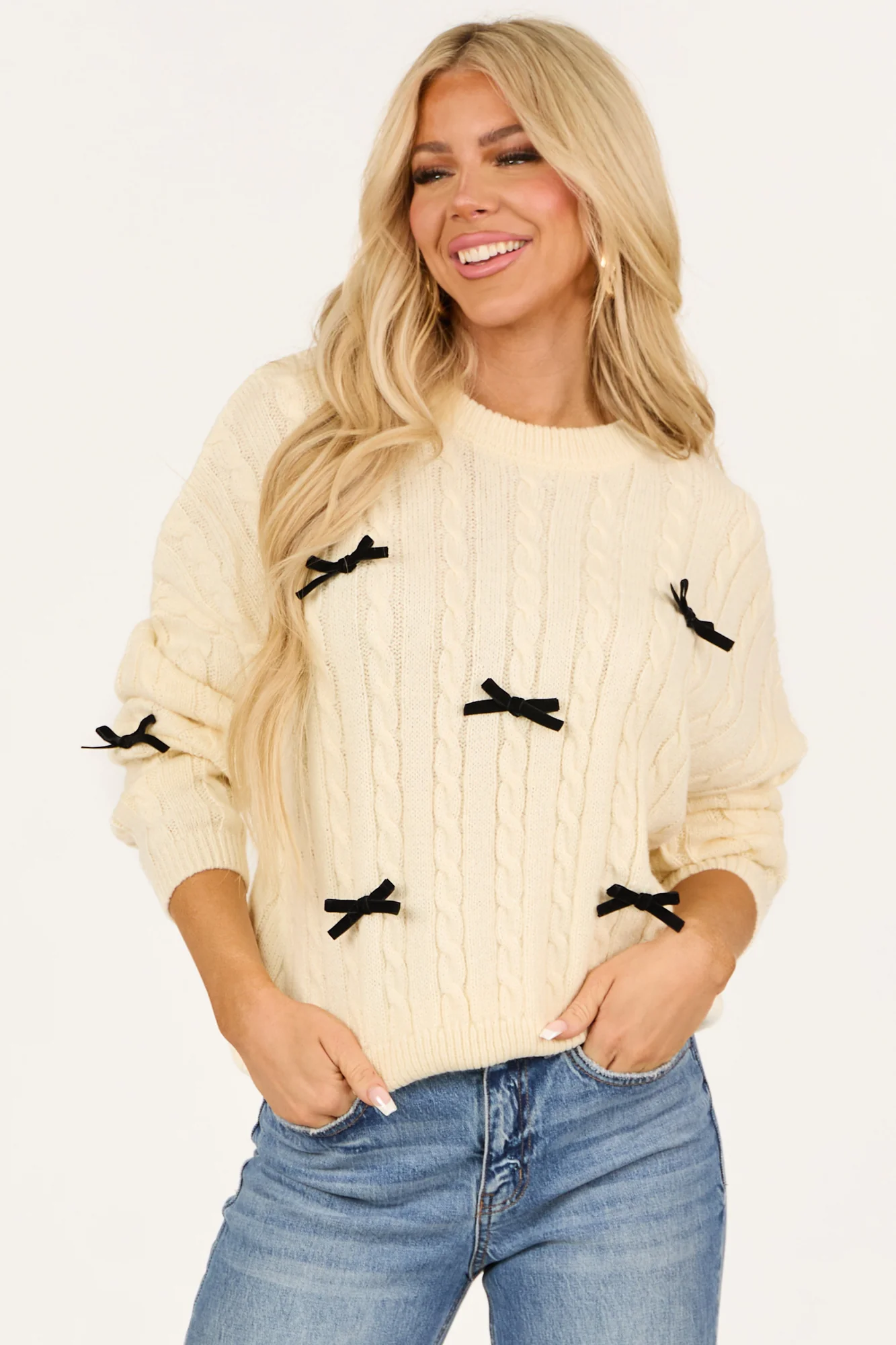 Cream Cable Knit Bow Detail Long Sleeve Sweater