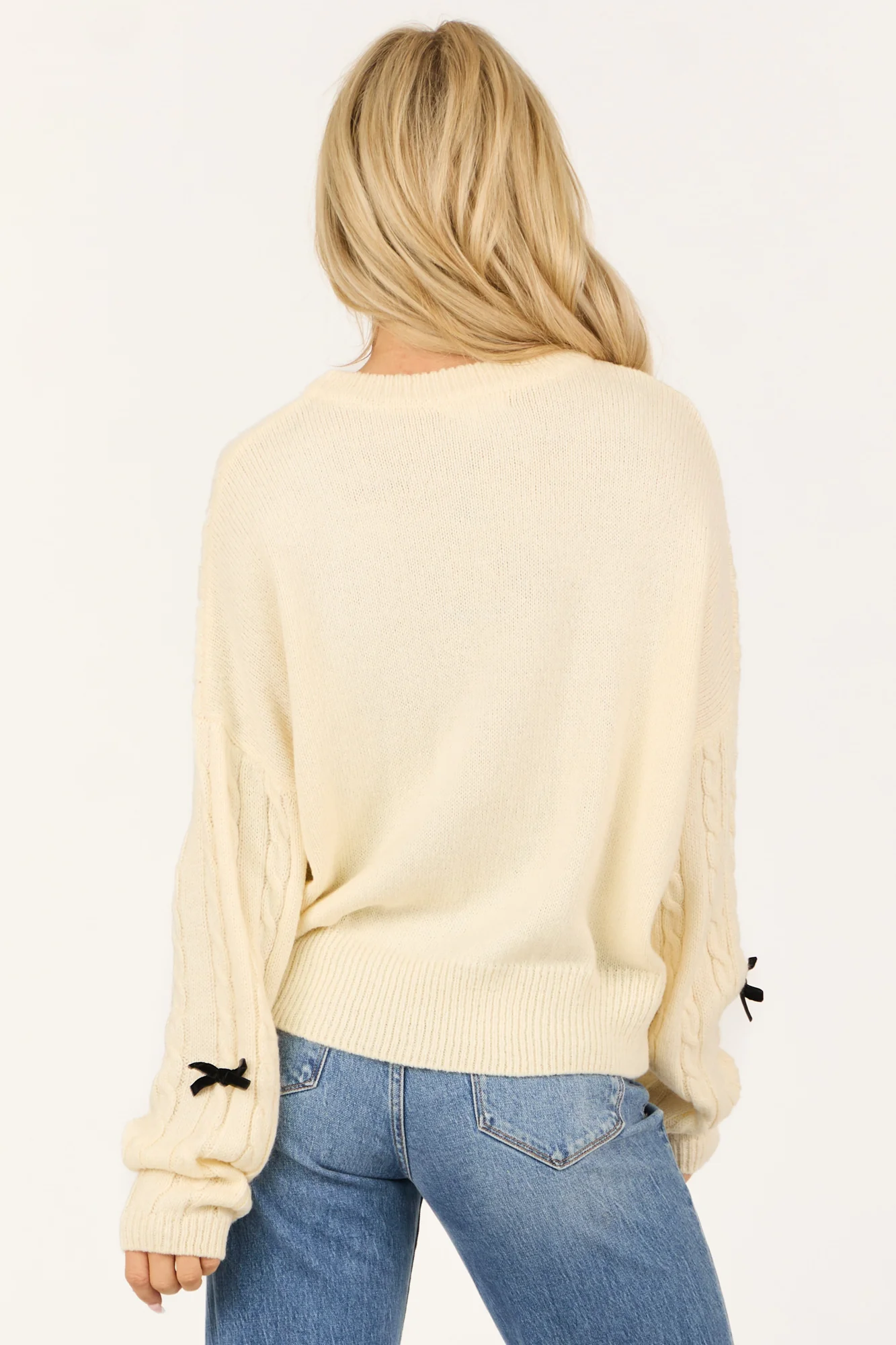 Cream Cable Knit Bow Detail Long Sleeve Sweater