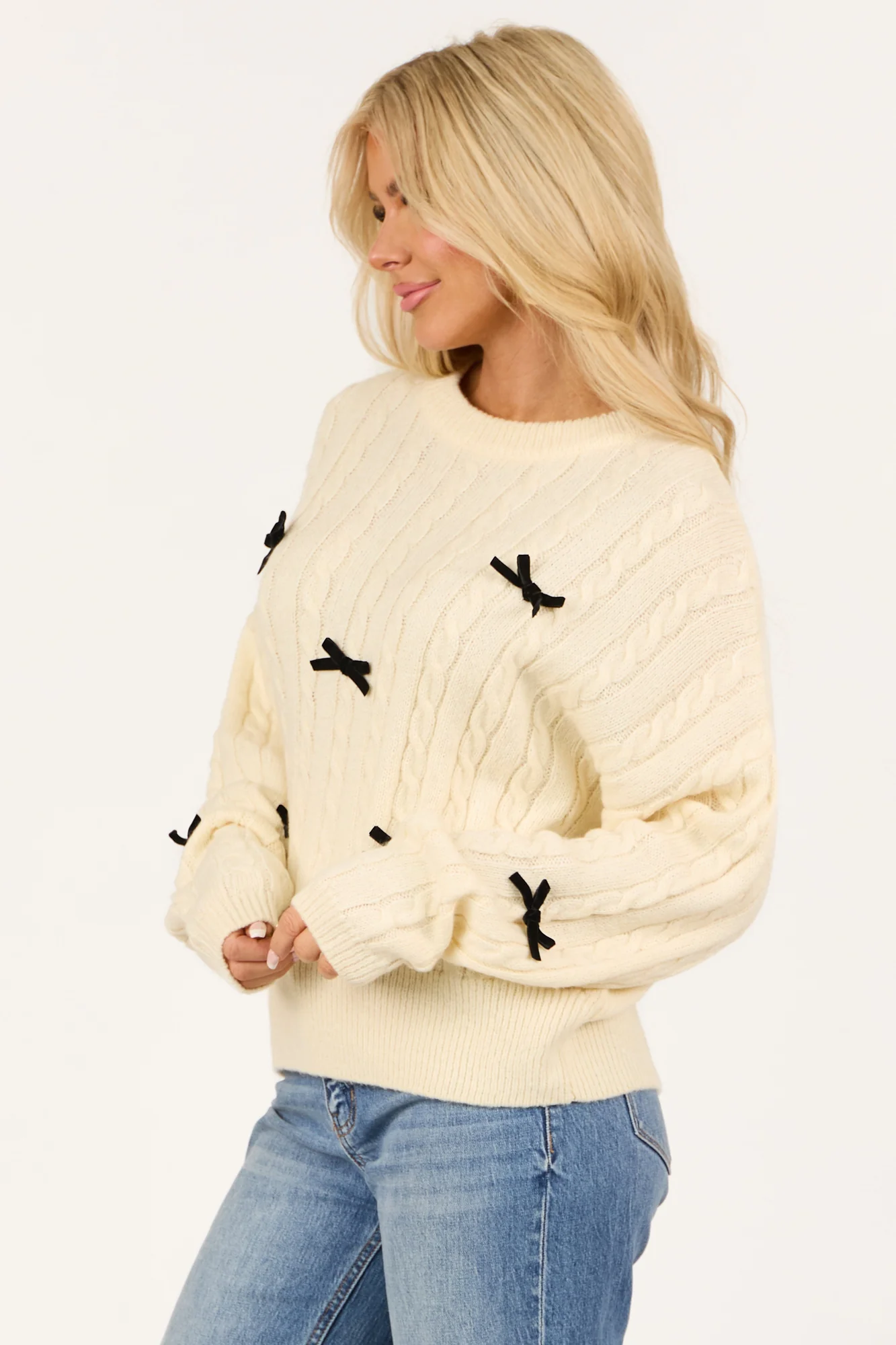 Cream Cable Knit Bow Detail Long Sleeve Sweater