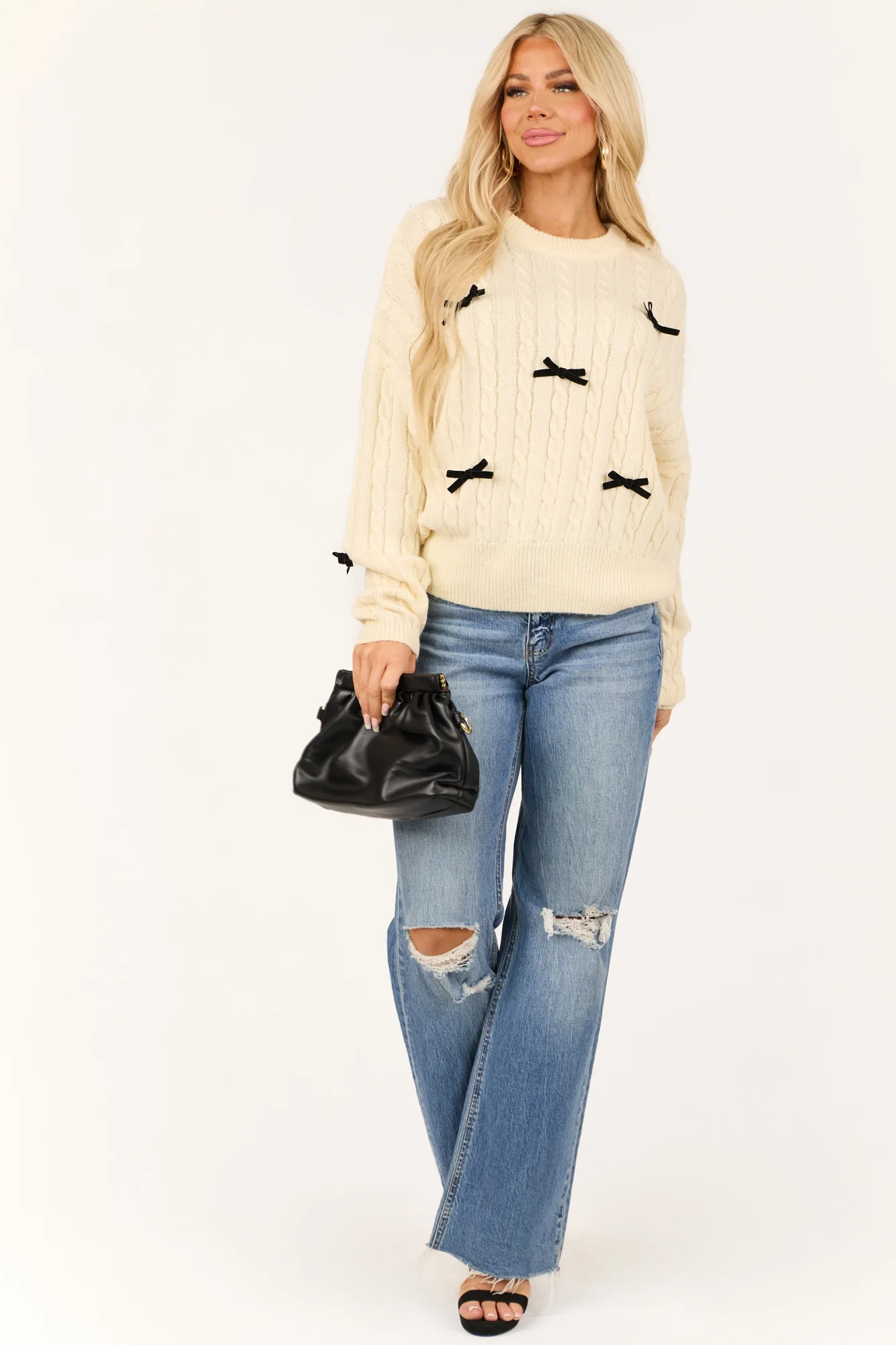 Cream Cable Knit Bow Detail Long Sleeve Sweater