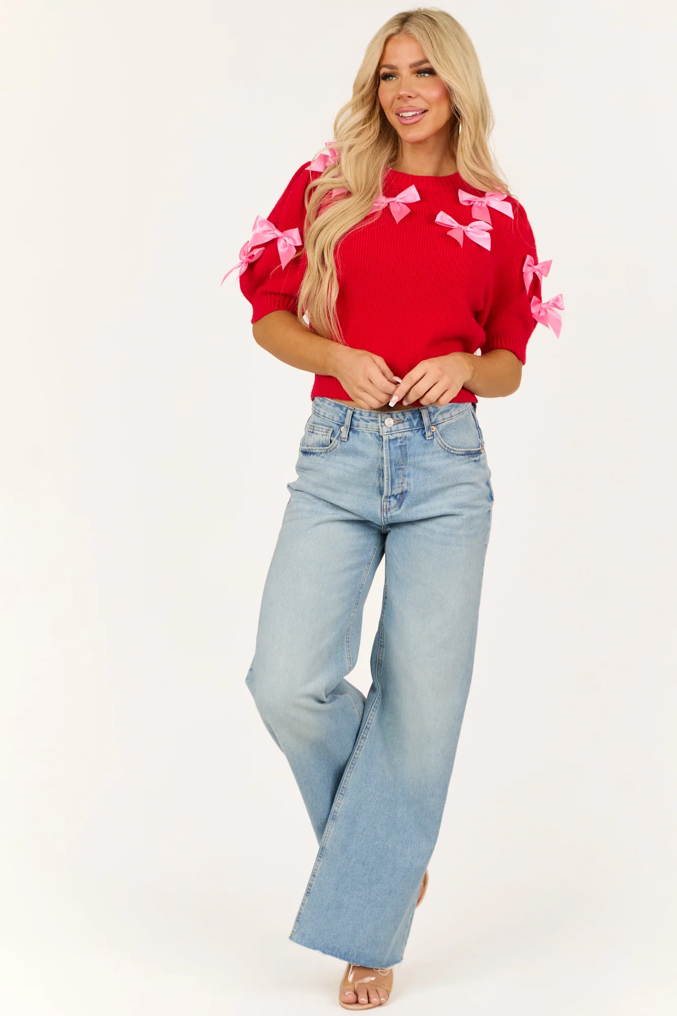 Red Bow Detail Puff Sleeve Sweater