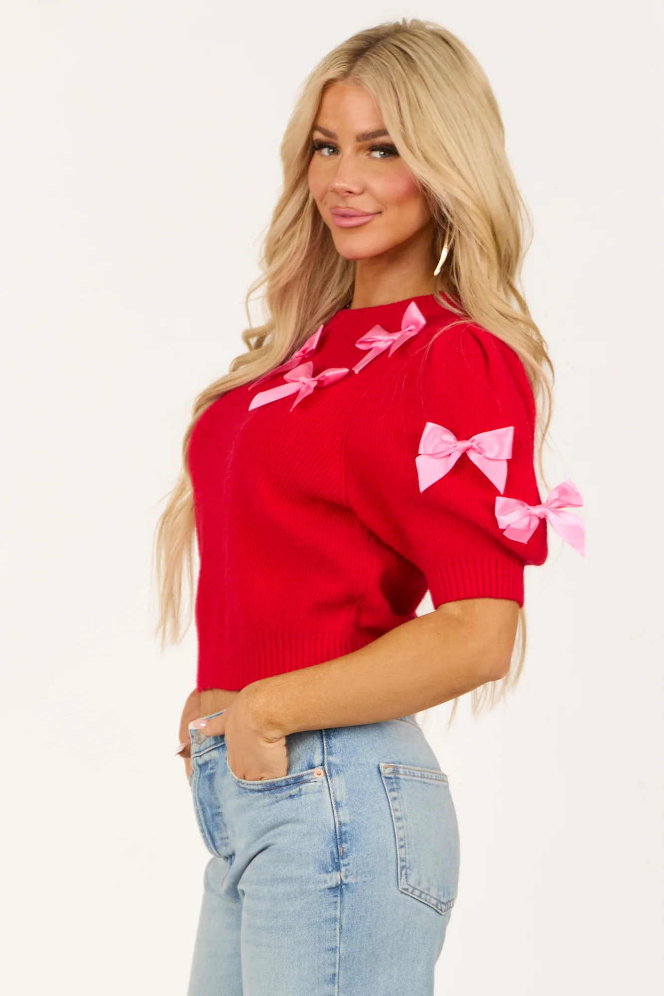 Red Bow Detail Puff Sleeve Sweater