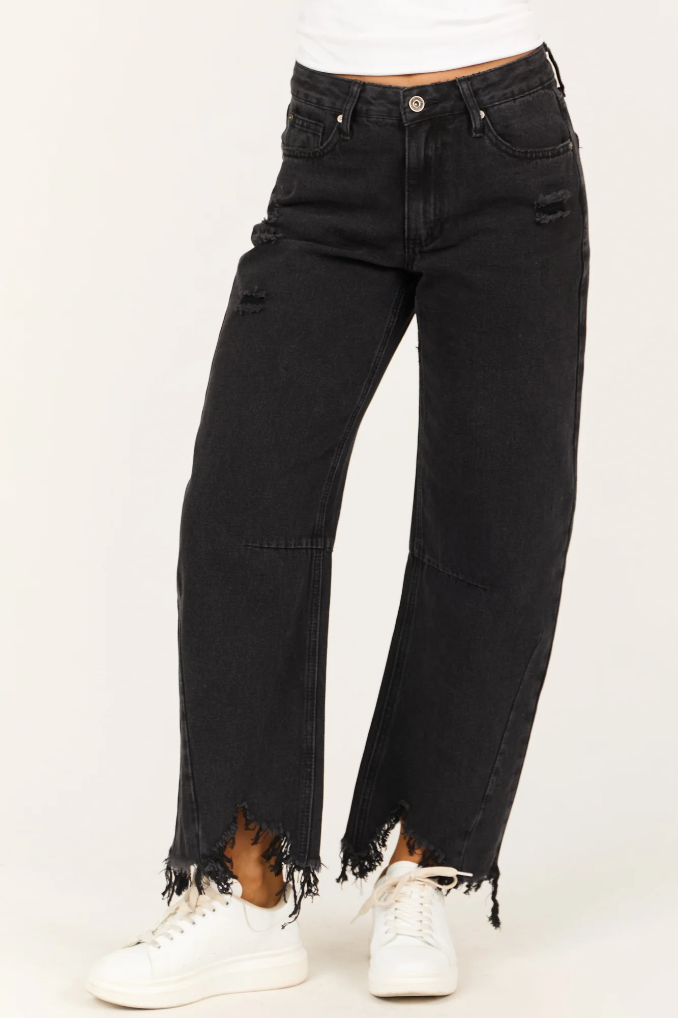 Black Distressed High Rise Barrel Jeans