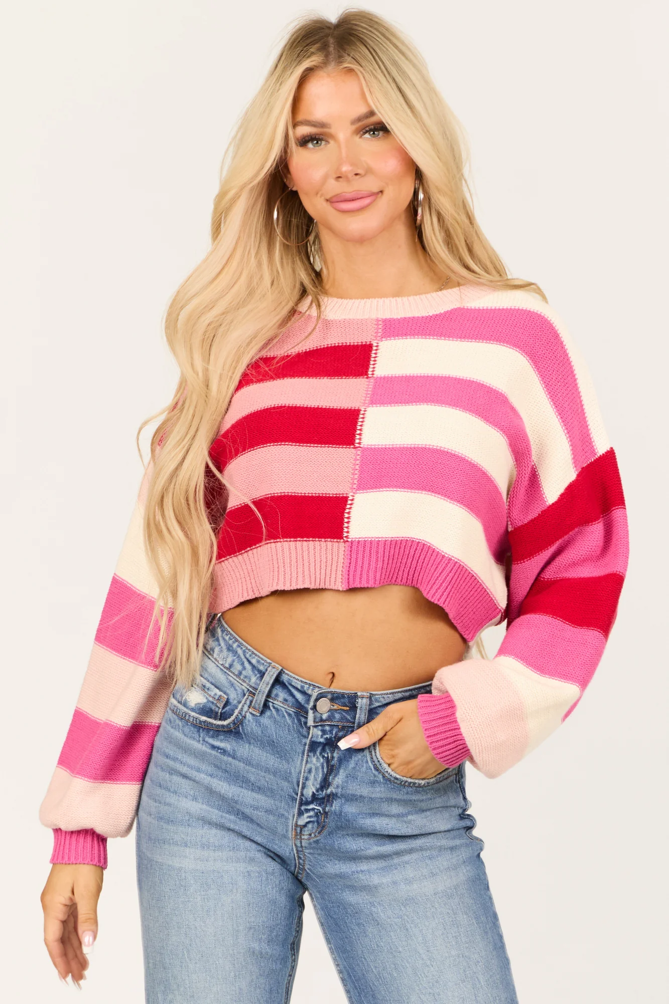 Striped Cropped Knit Sweater - Cherry/Dusty Rose/Ivory/Fuchsia