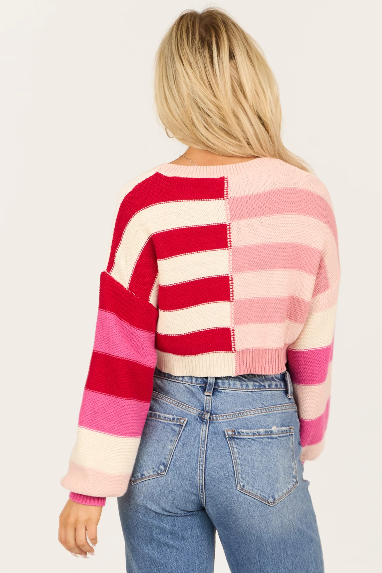 Striped Cropped Knit Sweater - Cherry/Dusty Rose/Ivory/Fuchsia