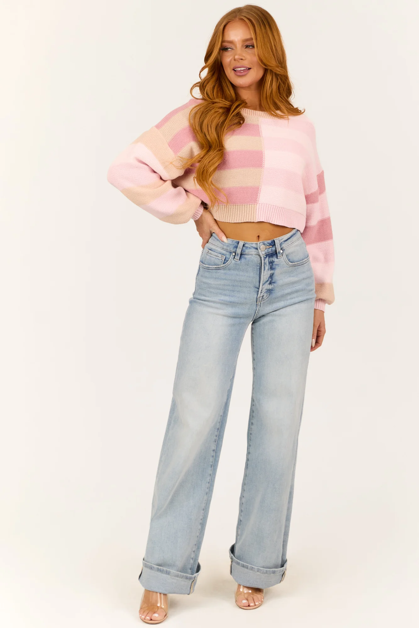 Striped Ribbed Knit Cropped Sweater in Blush