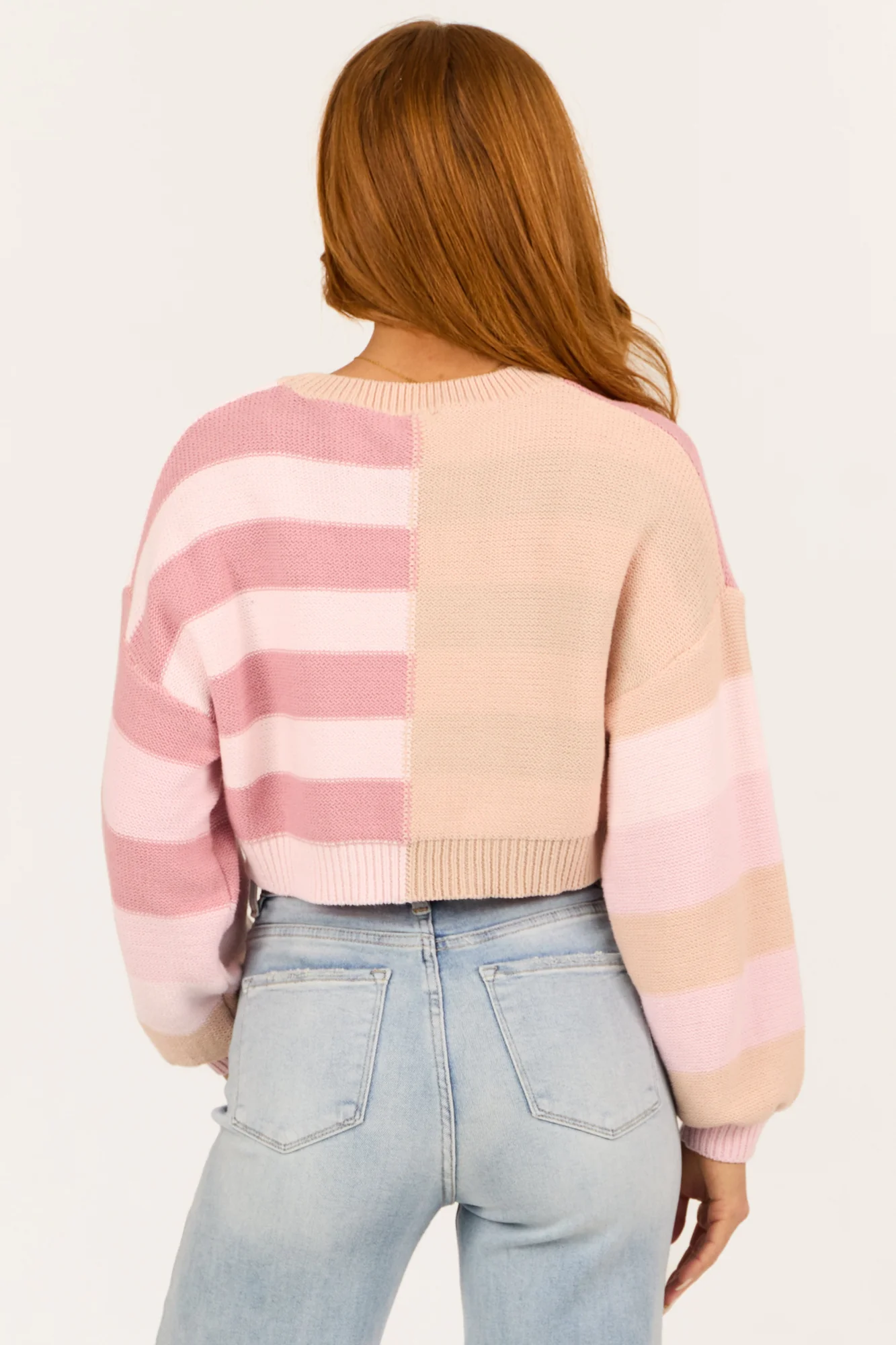 Striped Ribbed Knit Cropped Sweater in Blush