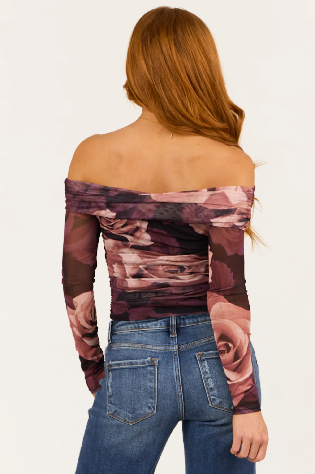Ruched Eggplant Floral Print Off-Shoulder Mesh Crop Top