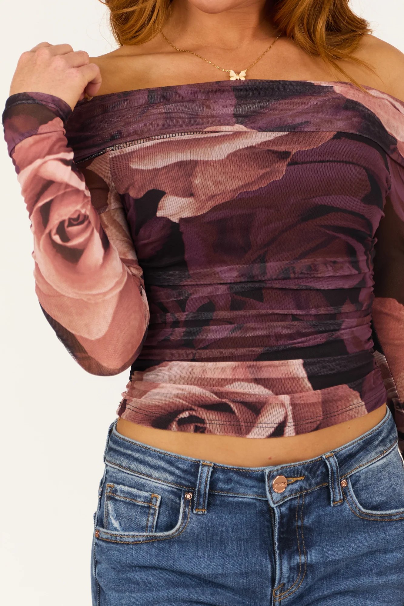 Ruched Eggplant Floral Print Off-Shoulder Mesh Crop Top