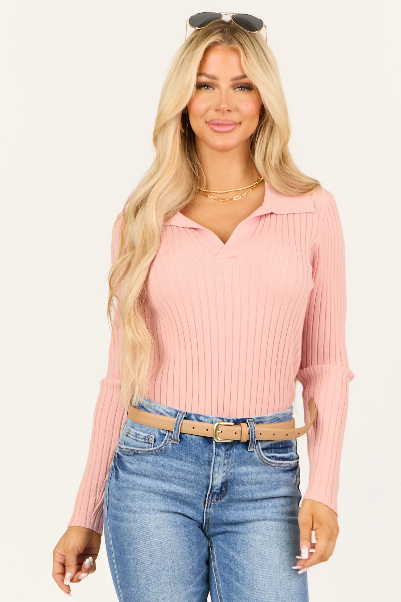 Baby Pink Ribbed Knit Sweater with V-Neck