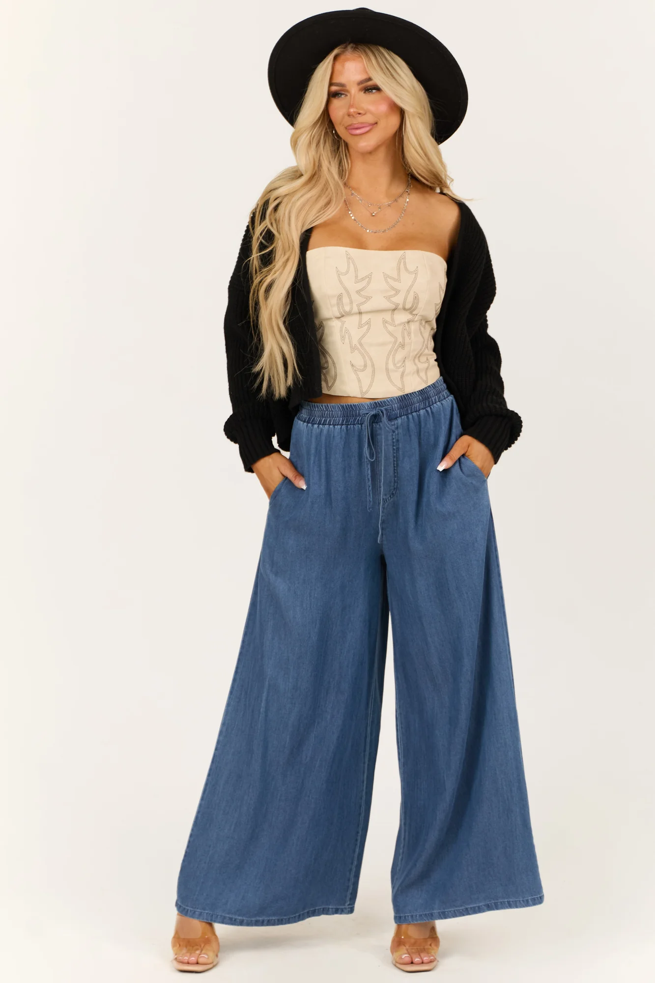 High Rise Wide Leg Tencel Denim Pants in Dark Wash