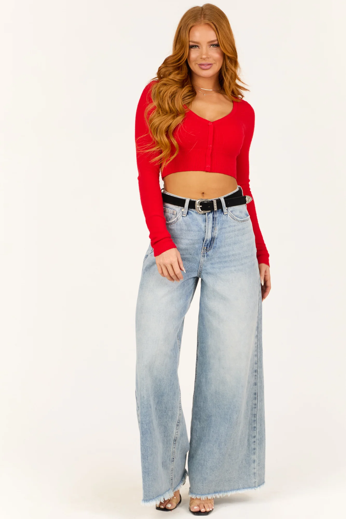 Cashmere V-Neck Cropped Top Red Long Sleeve