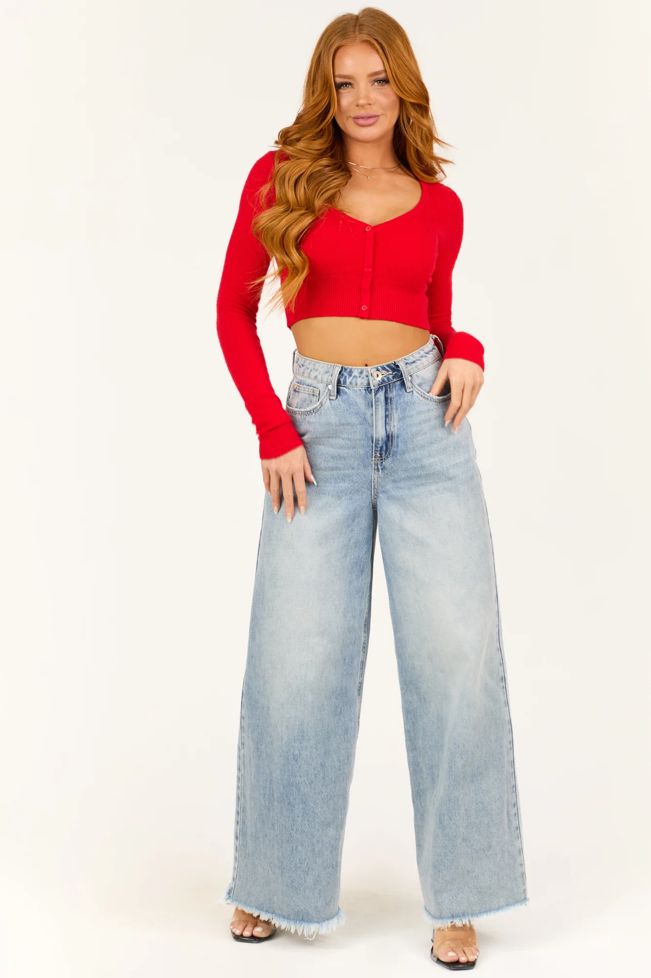 Cashmere V-Neck Cropped Top Red Long Sleeve