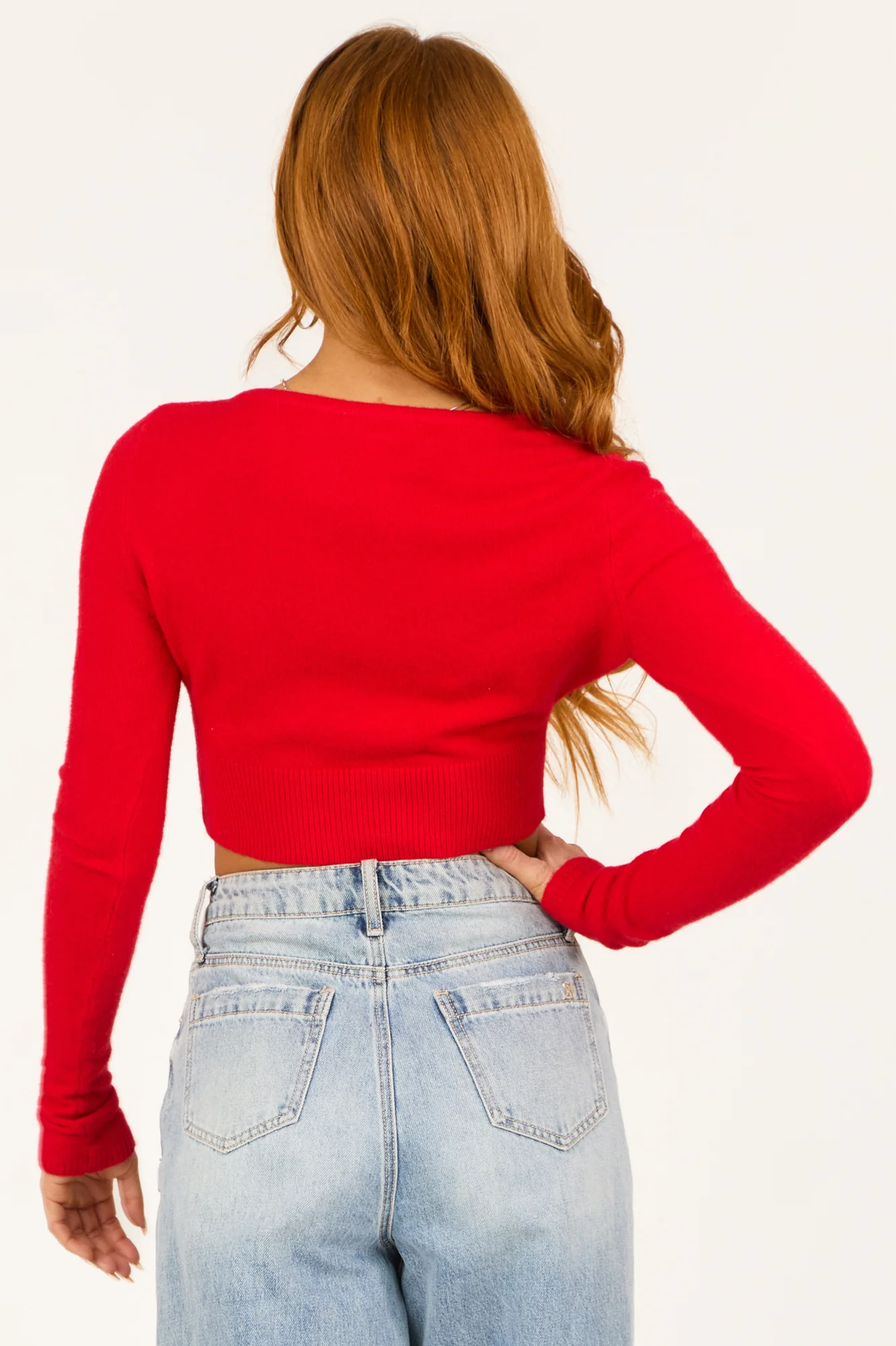 Cashmere V-Neck Cropped Top Red Long Sleeve