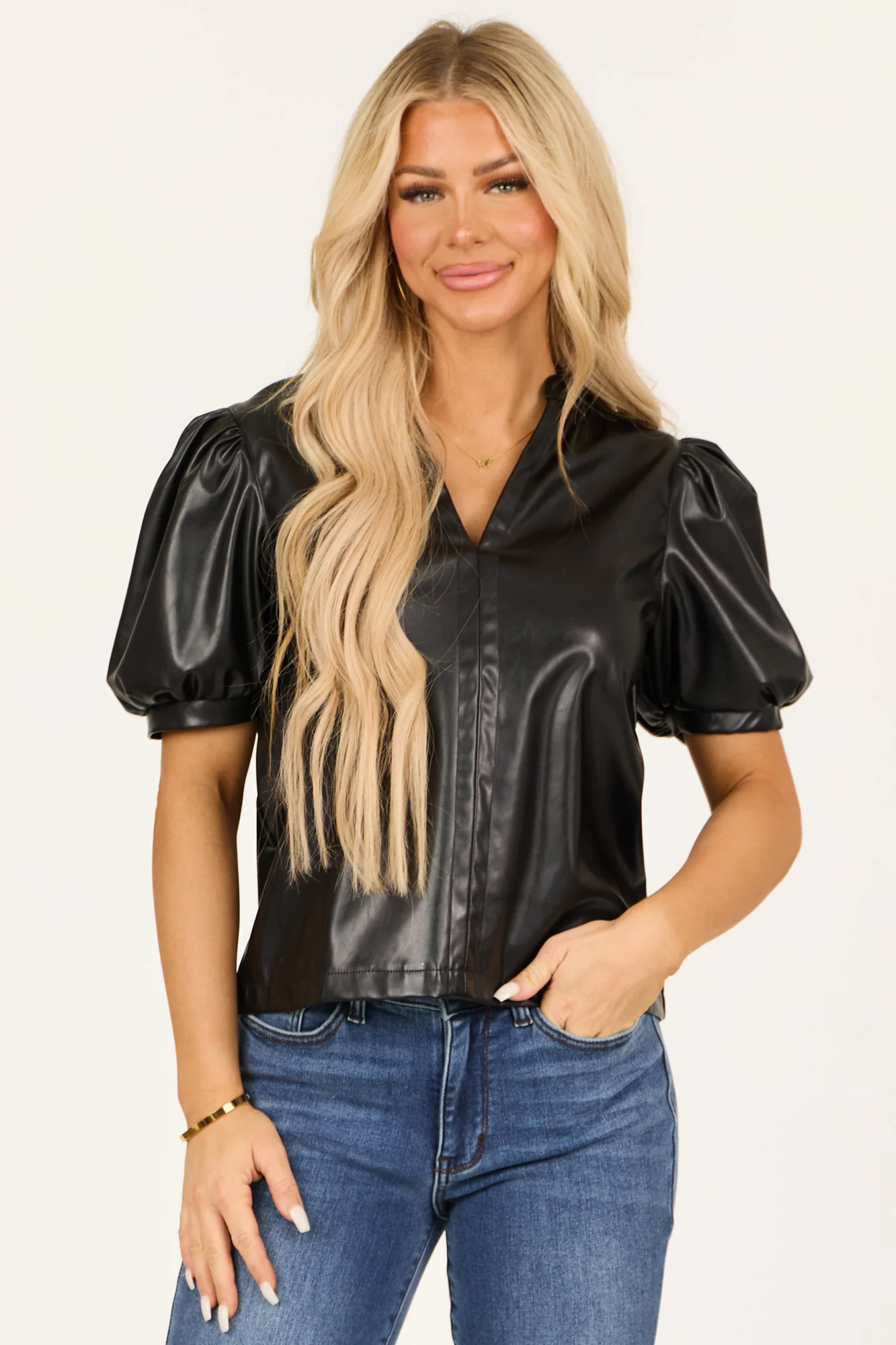 V-Neck Faux Leather Top with Puff Sleeves in Black