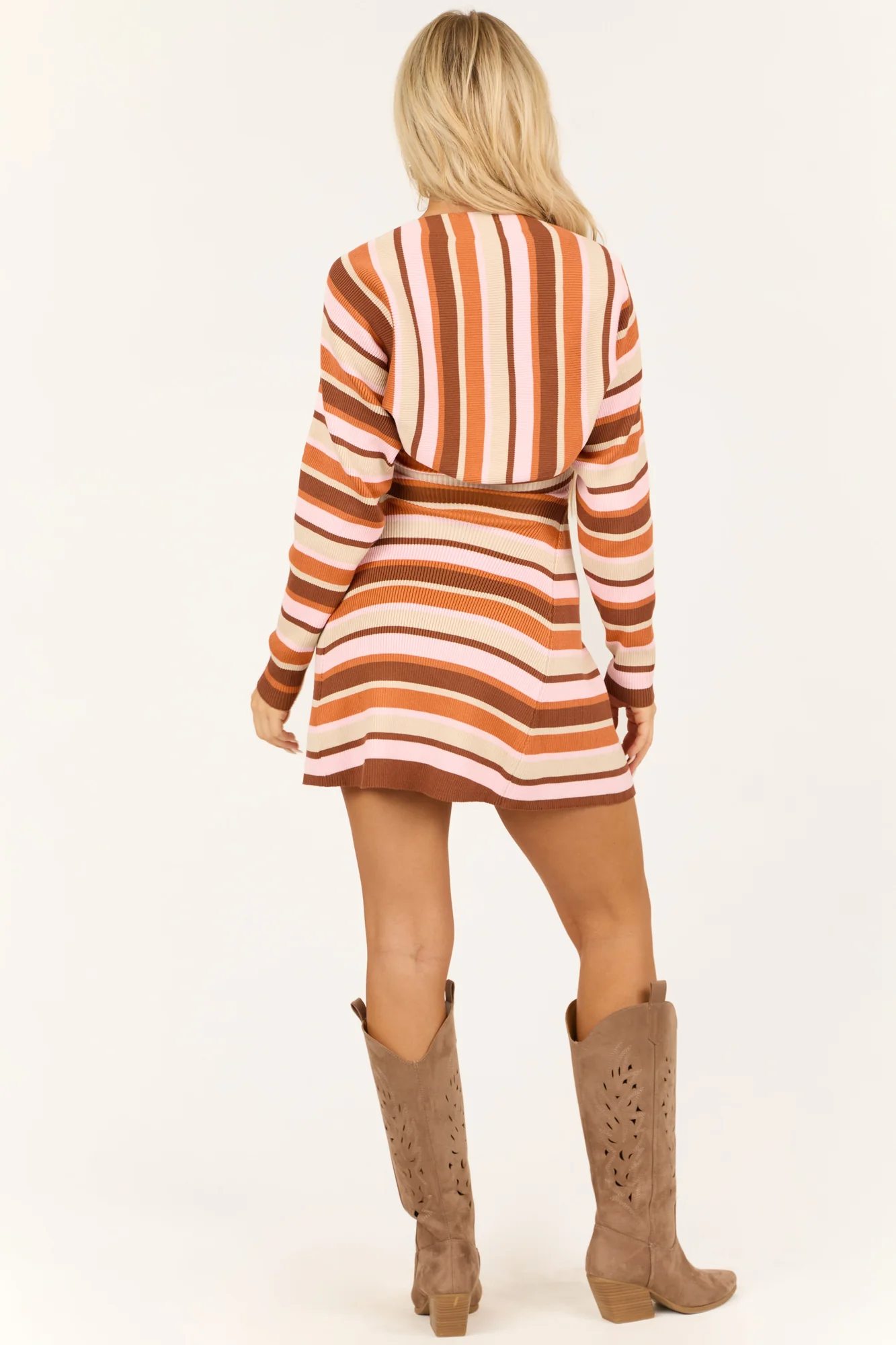Striped Knit Skater Dress with Bolero Cardigan Set