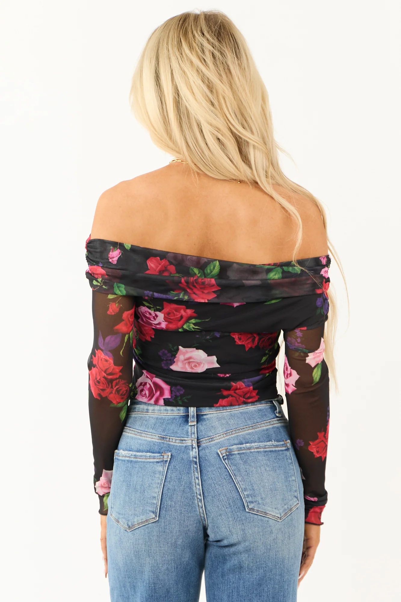 Floral Print Mesh Off Shoulder Top in Black - Lightweight Semi-Stretchy