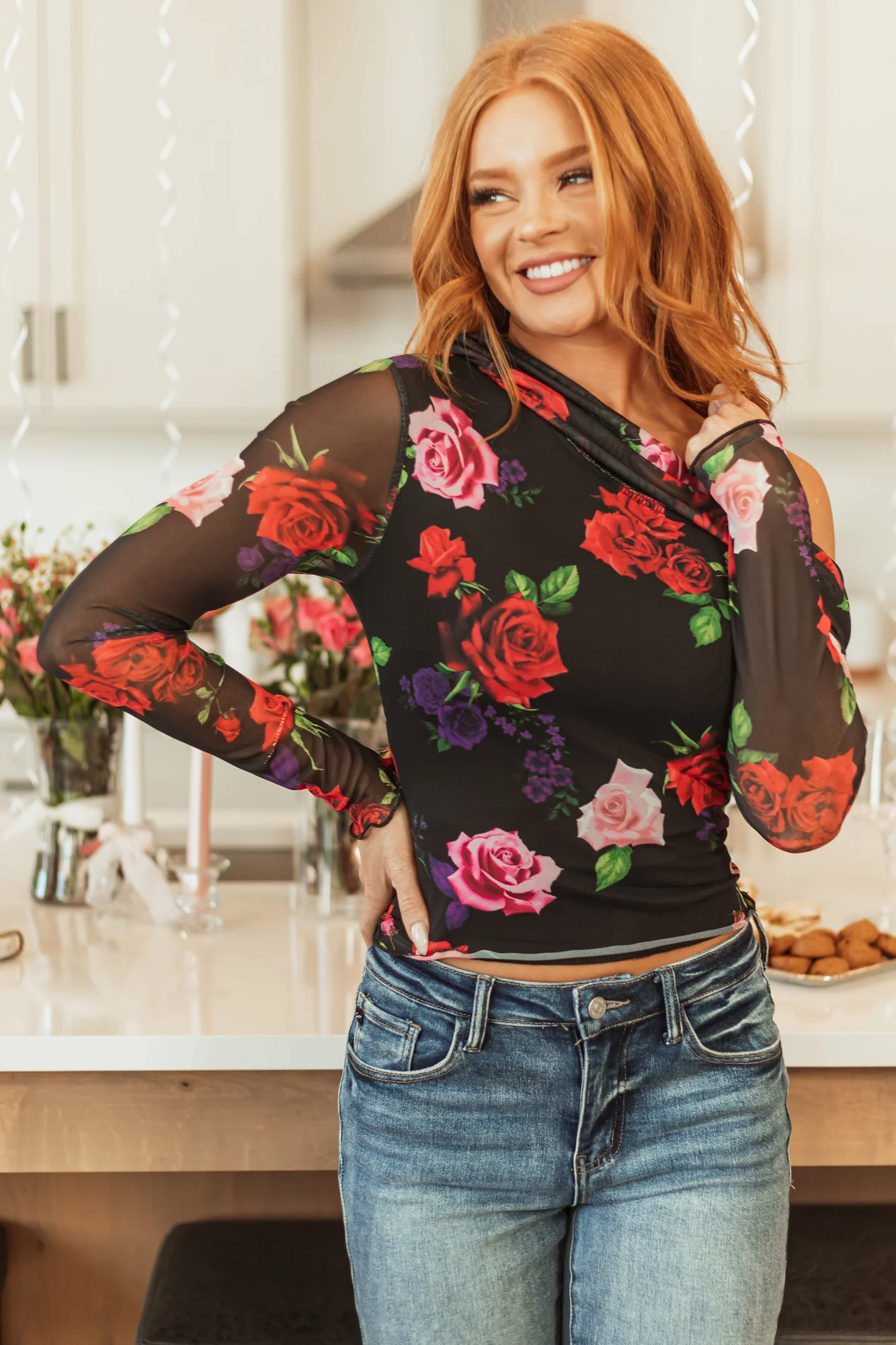 Floral Print Mesh Off Shoulder Top in Black - Lightweight Semi-Stretchy