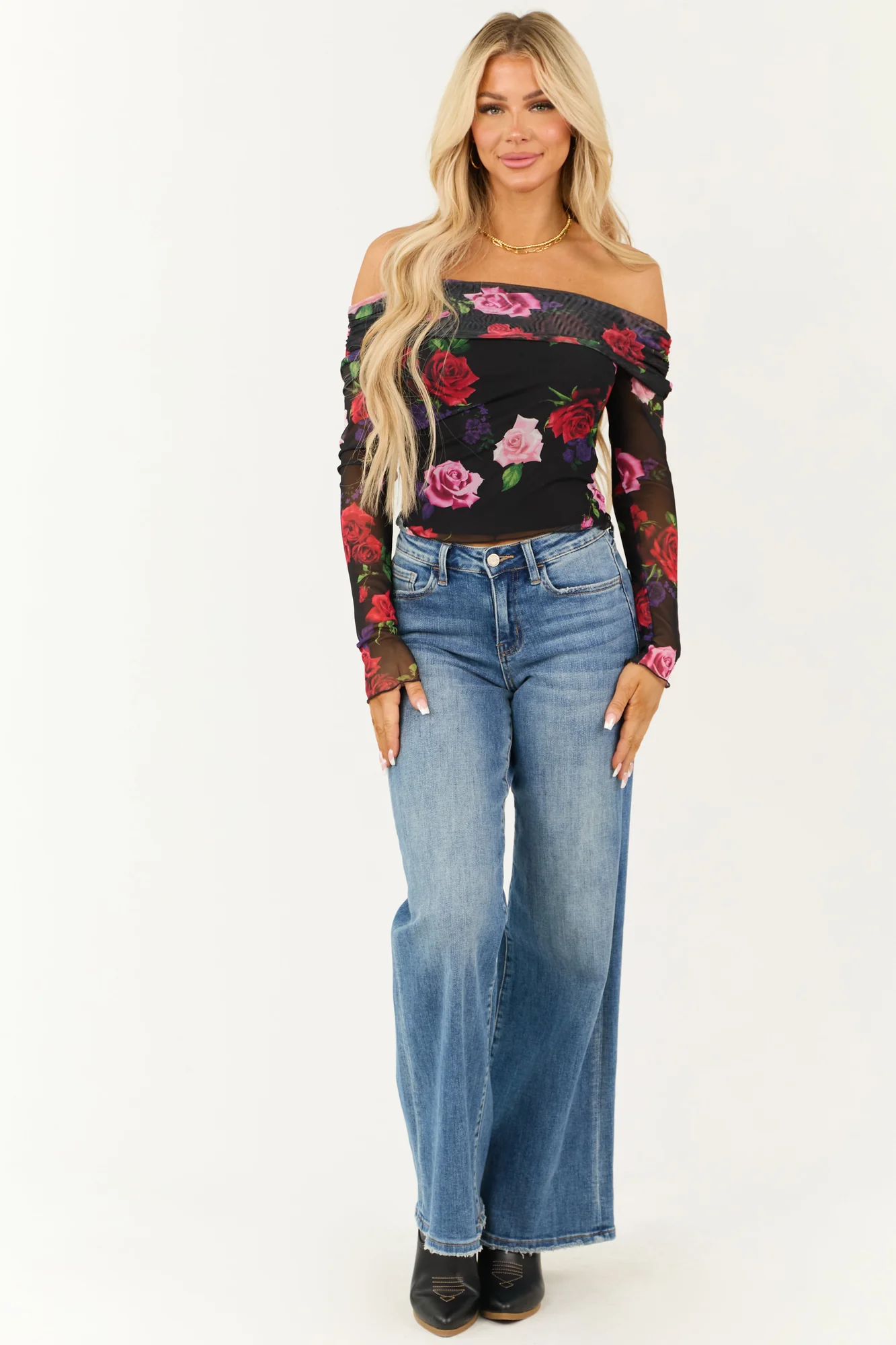 Floral Print Mesh Off Shoulder Top in Black - Lightweight Semi-Stretchy