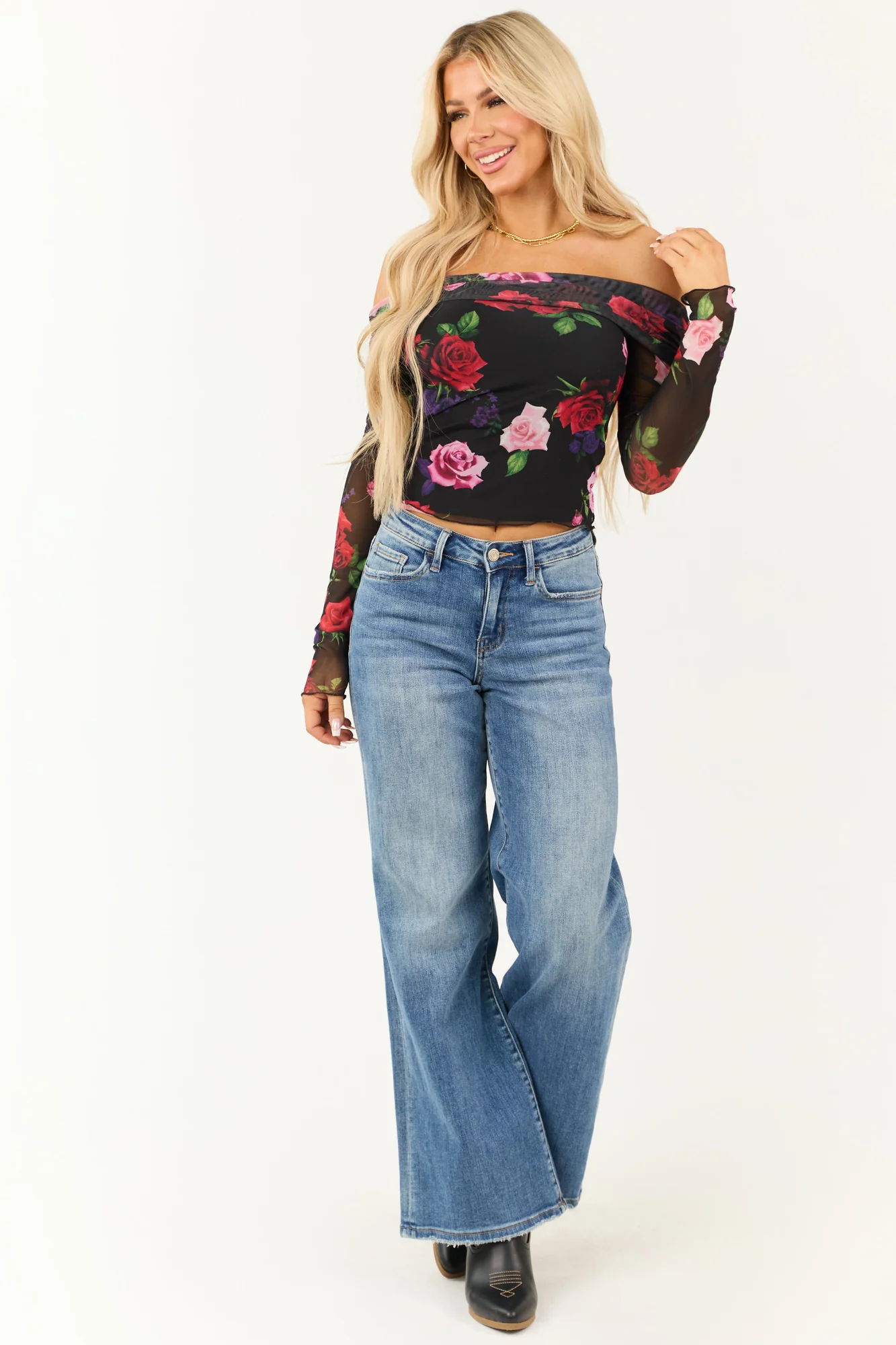 Floral Print Mesh Off Shoulder Top in Black - Lightweight Semi-Stretchy