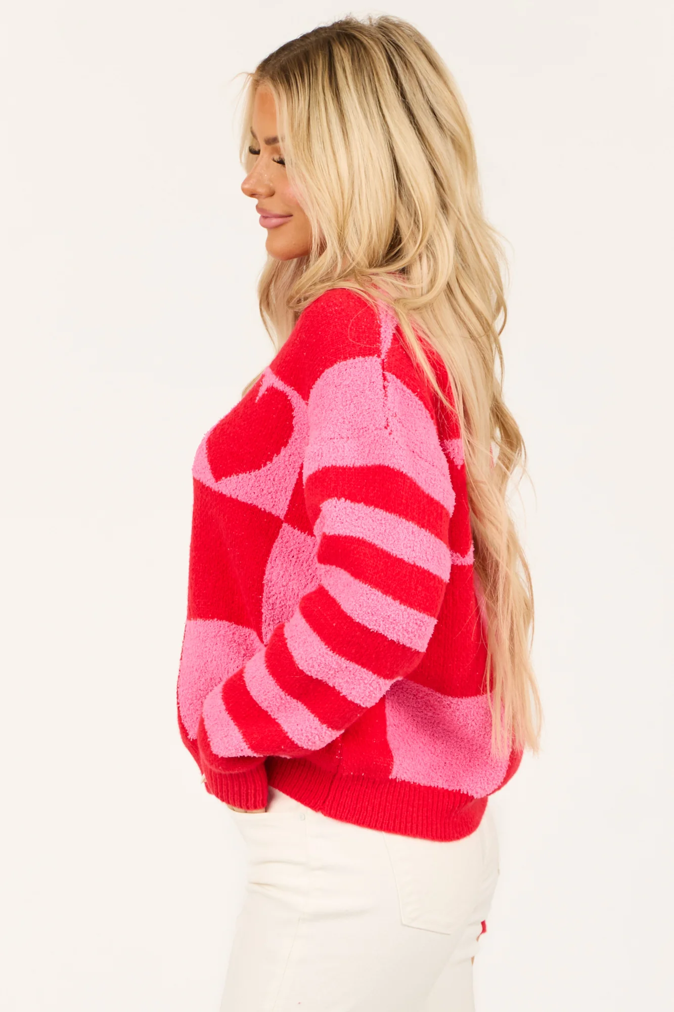 Crimson Checkered Striped Heart Sweater - Ribbed Knit Crew Neck