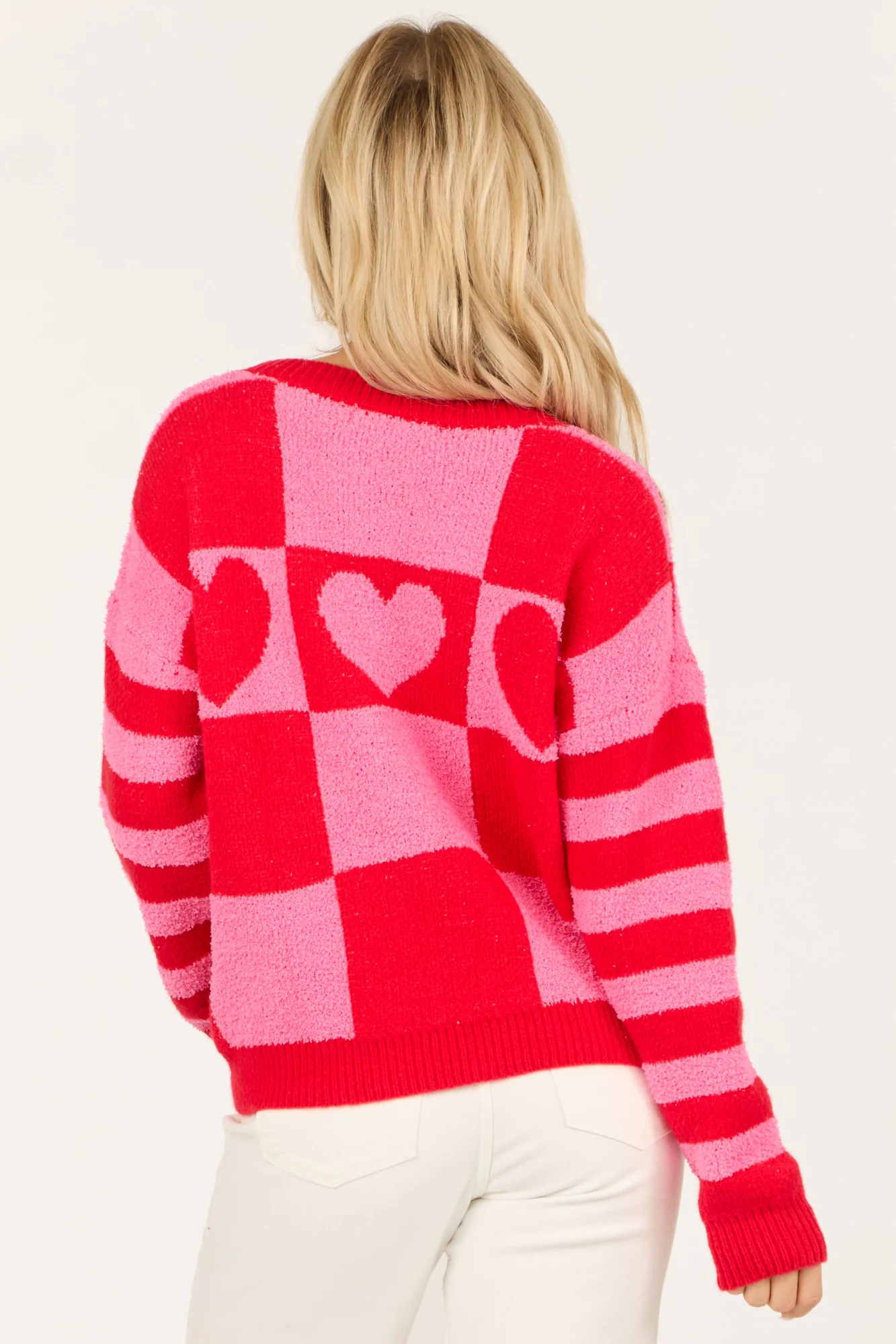Crimson Checkered Striped Heart Sweater - Ribbed Knit Crew Neck