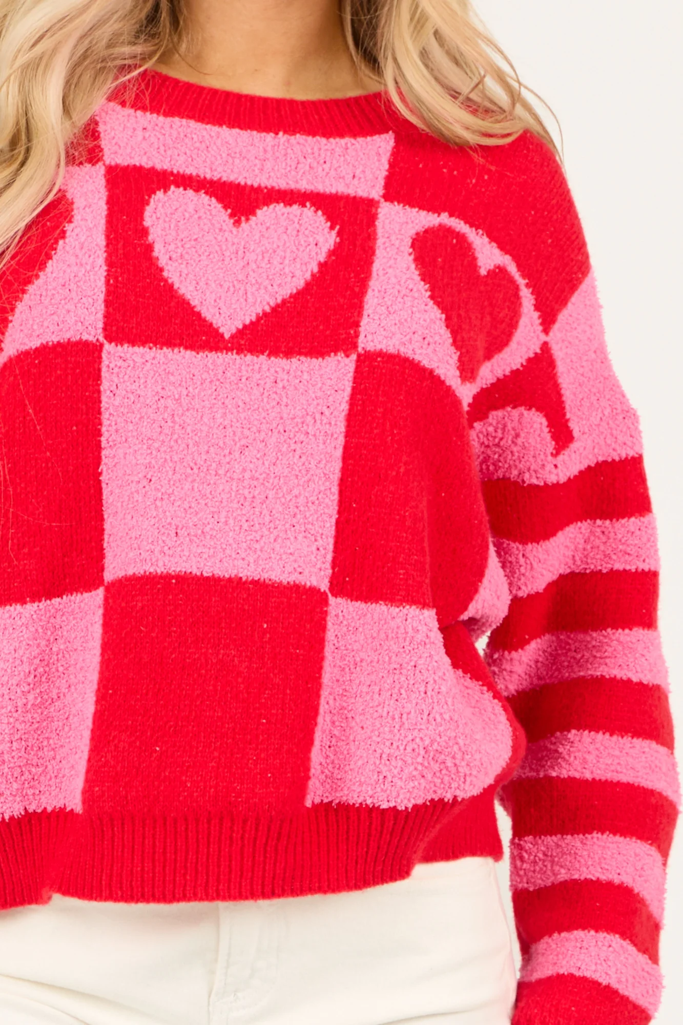 Crimson Checkered Striped Heart Sweater - Ribbed Knit Crew Neck