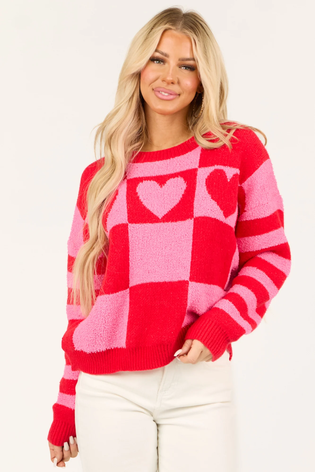 Crimson Checkered Striped Heart Sweater - Ribbed Knit Crew Neck