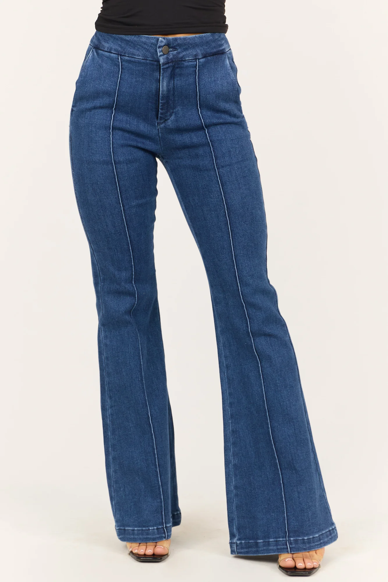 High Rise Front Seam Flare Jeans in Dark Wash