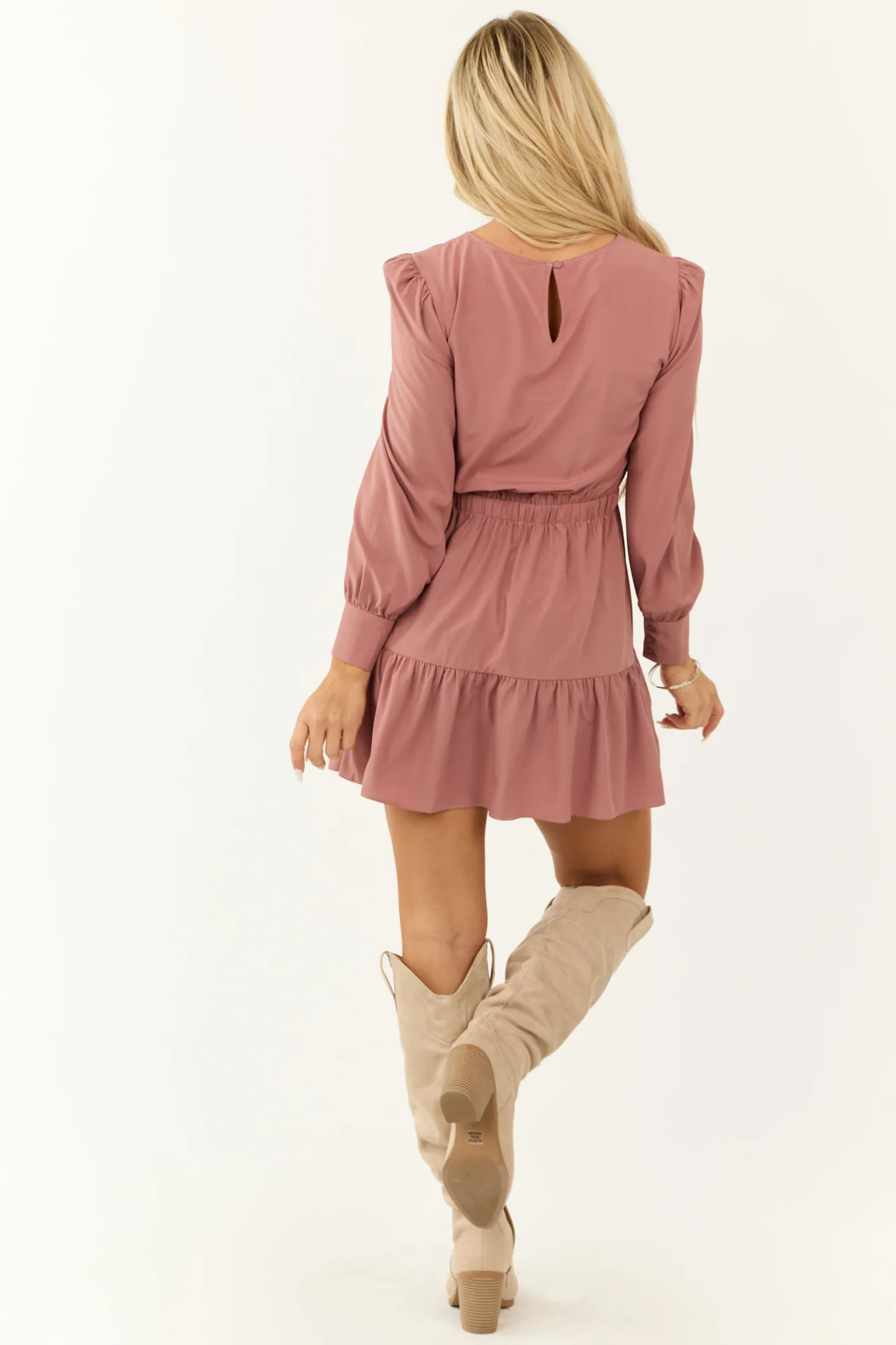 Ruffle Tiered Mini Dress in Dusty Rose - Elastic Waistband