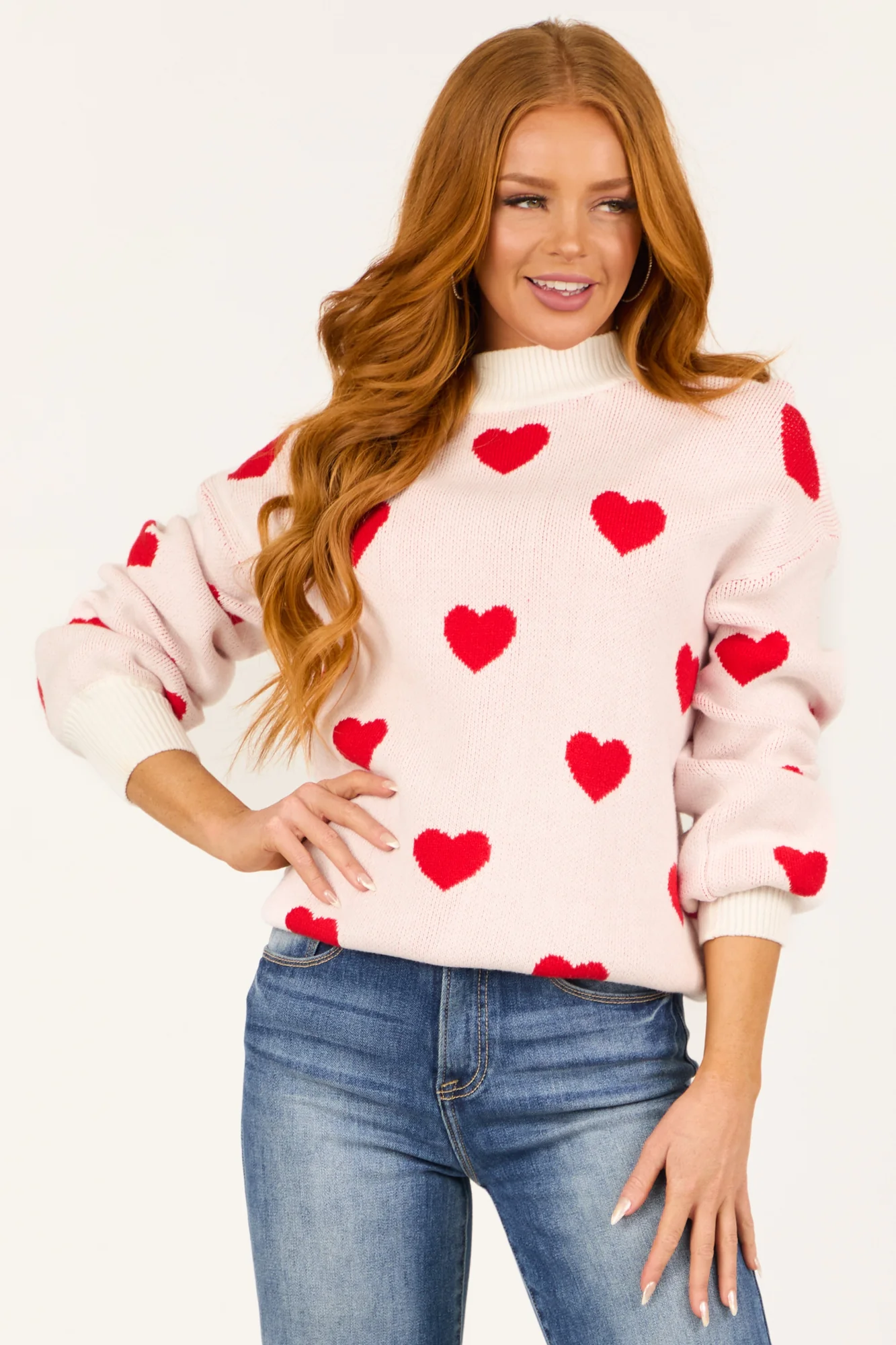 Red Ivory Heart Print Sleeve Knit Sweater