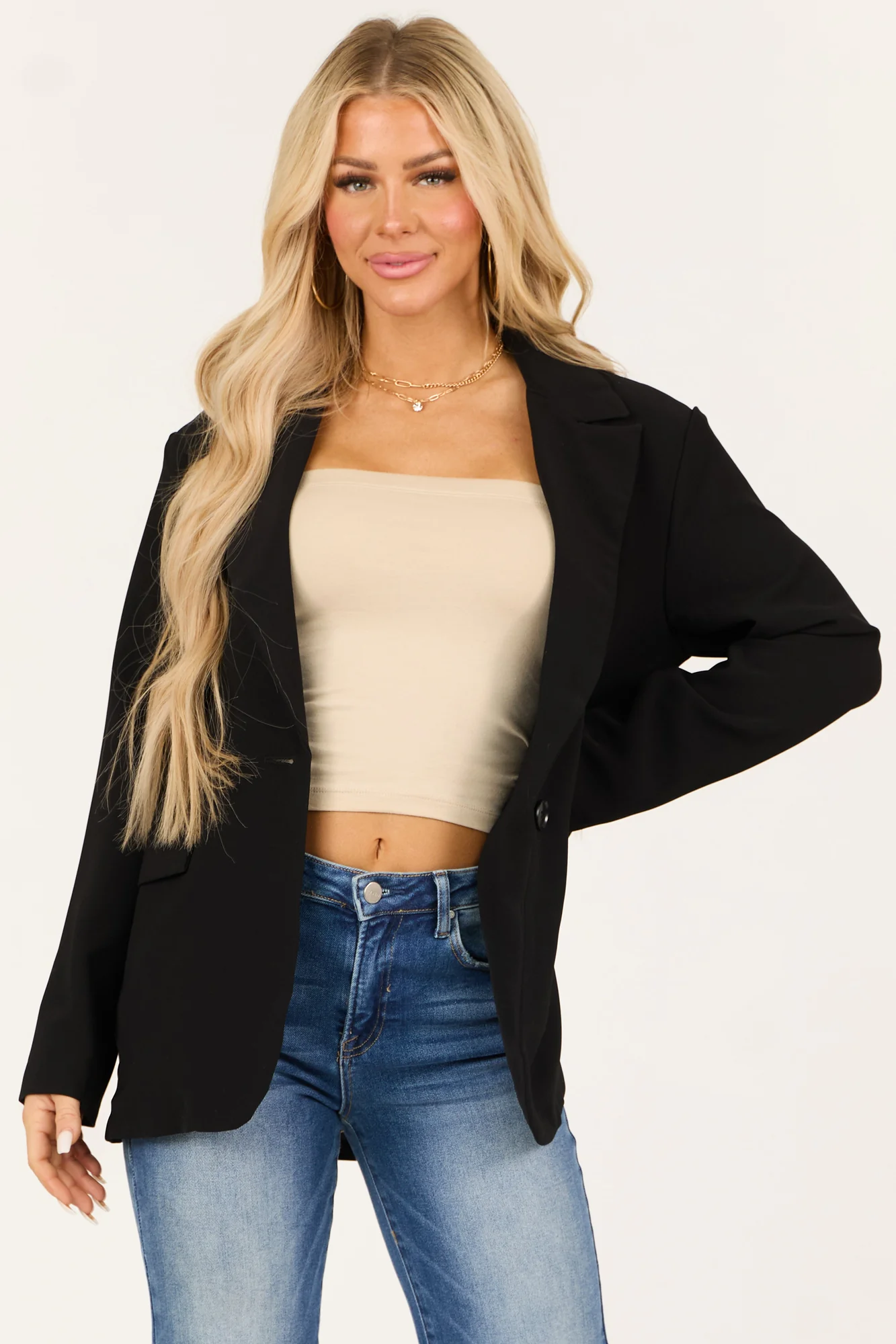 Classic Black Shoulder Pad Blazer - Long Sleeve Single Button