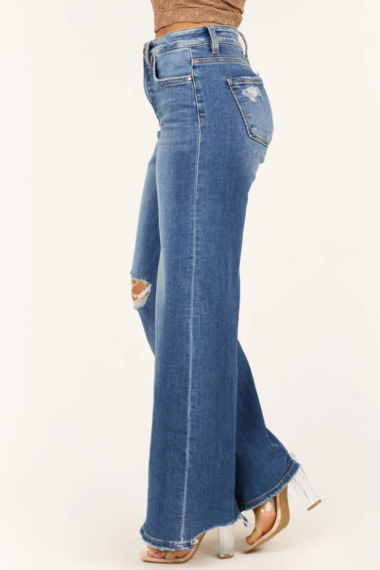 Dark Wash Distressed High Rise Wide Leg Jeans