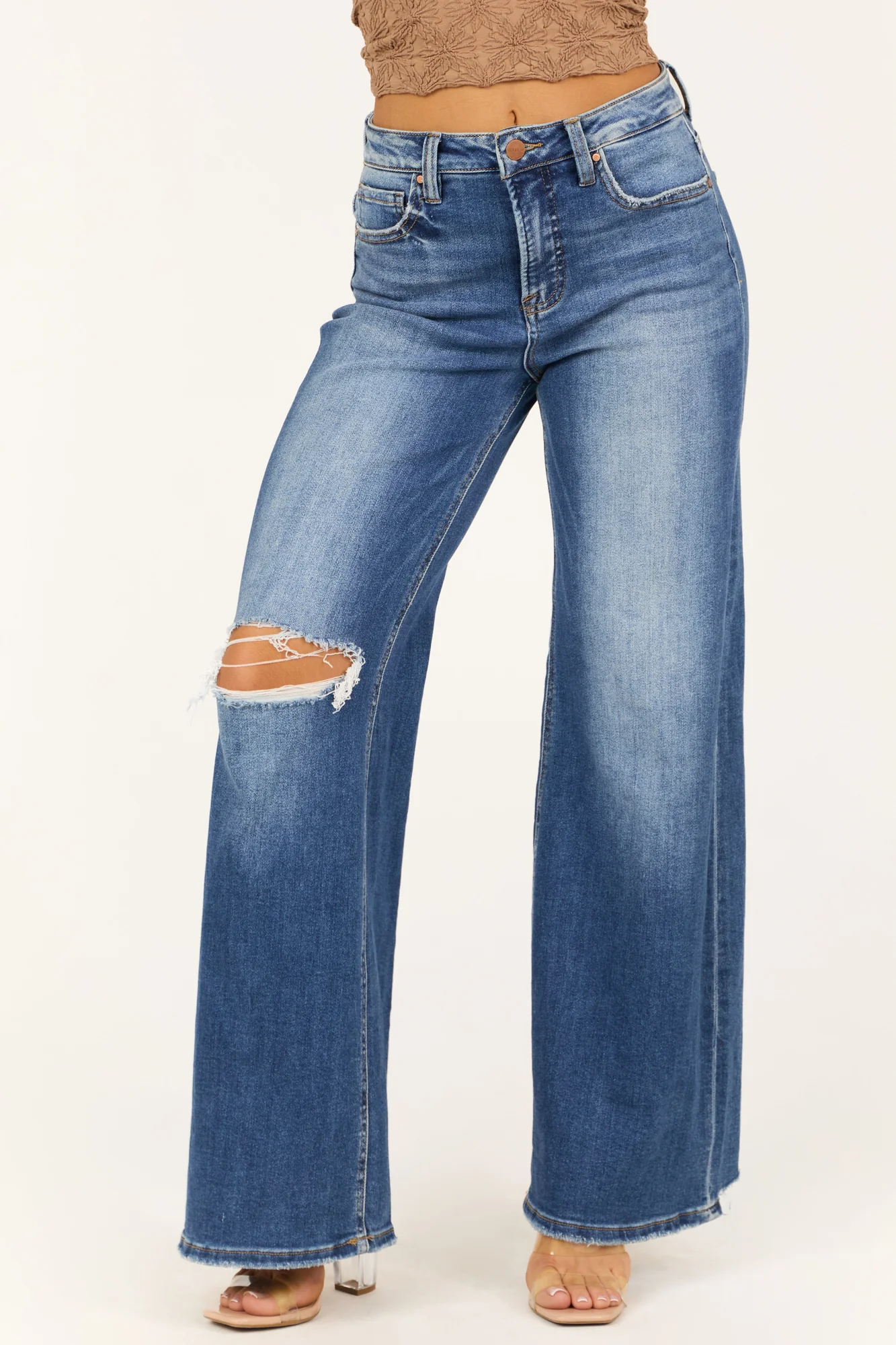 Dark Wash Distressed High Rise Wide Leg Jeans