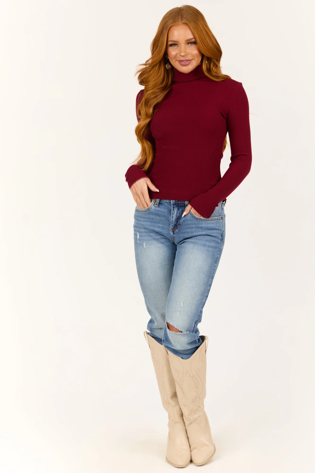 Maroon Ribbed Turtleneck Long Sleeve Top Womens Fitted Knitwear