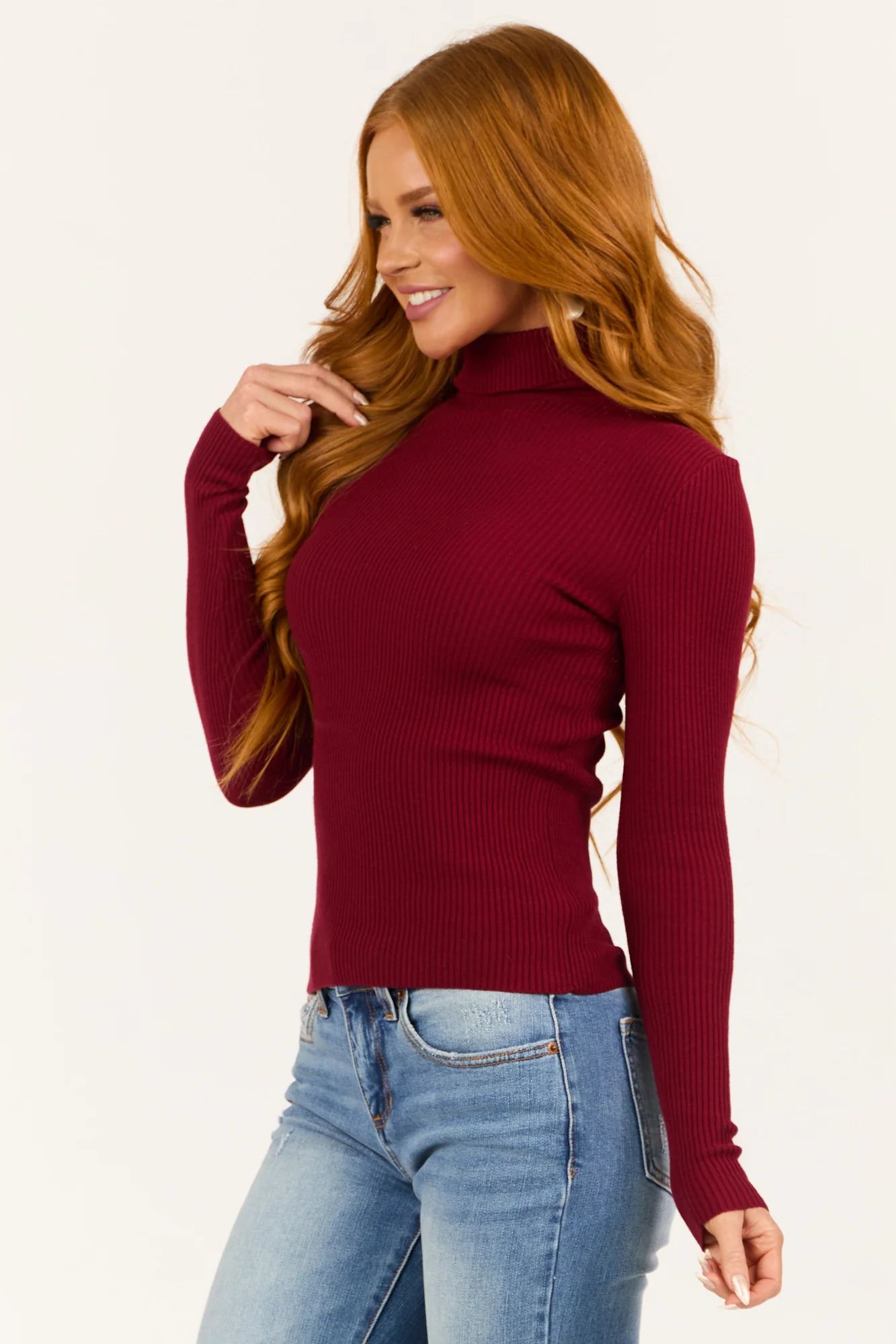Maroon Ribbed Turtleneck Long Sleeve Top Womens Fitted Knitwear