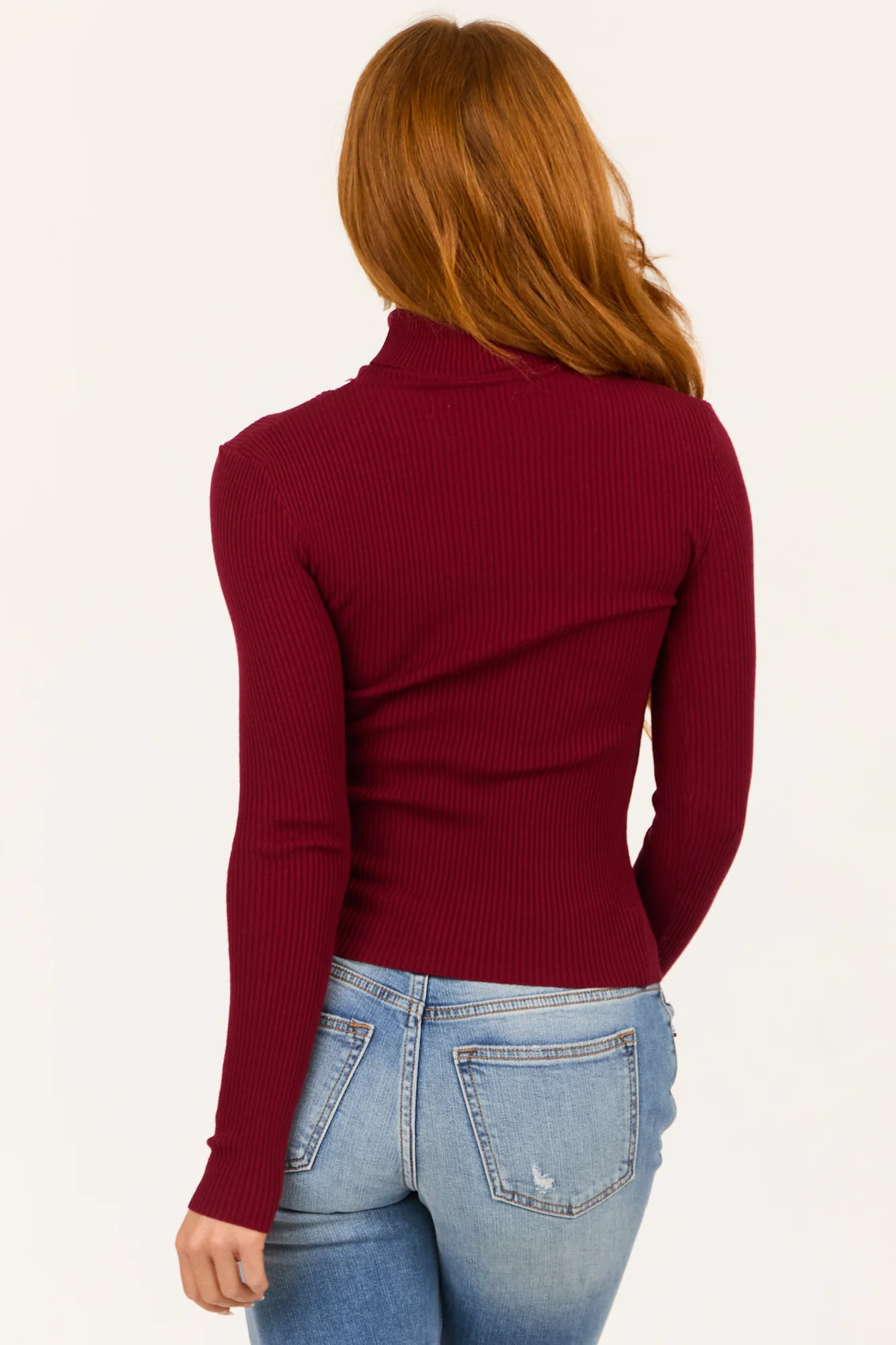 Maroon Ribbed Turtleneck Long Sleeve Top Womens Fitted Knitwear