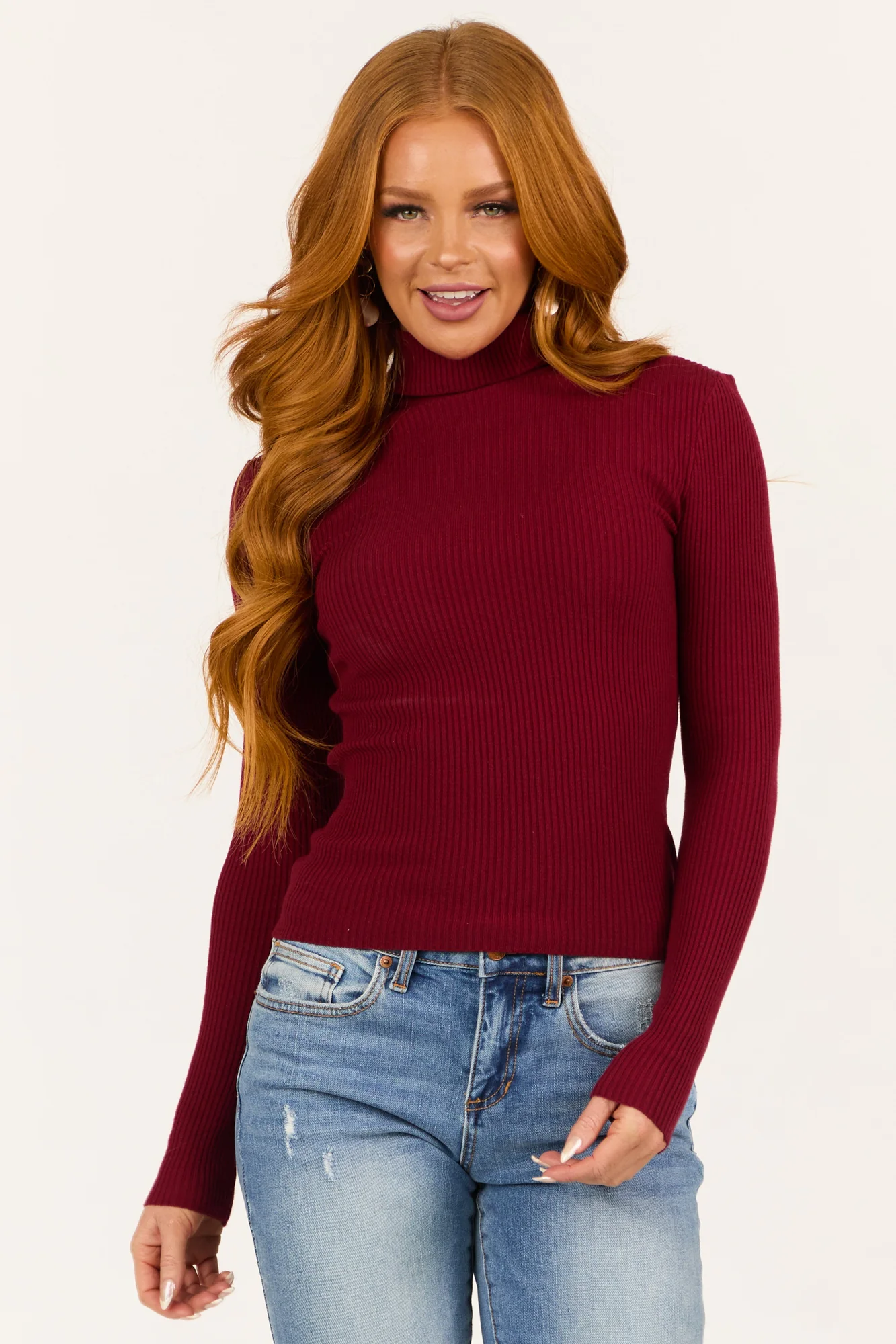 Maroon Ribbed Turtleneck Long Sleeve Top Womens Fitted Knitwear