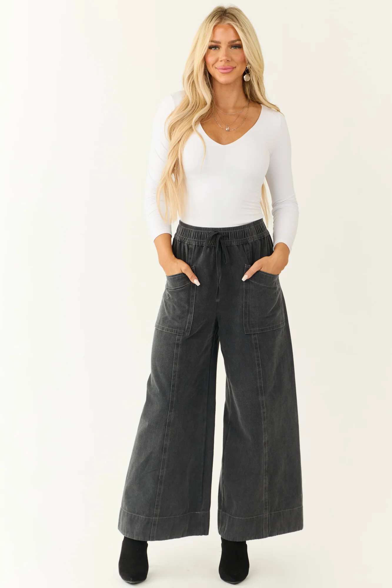 Charcoal Wide Leg Drawstring Cotton Pants