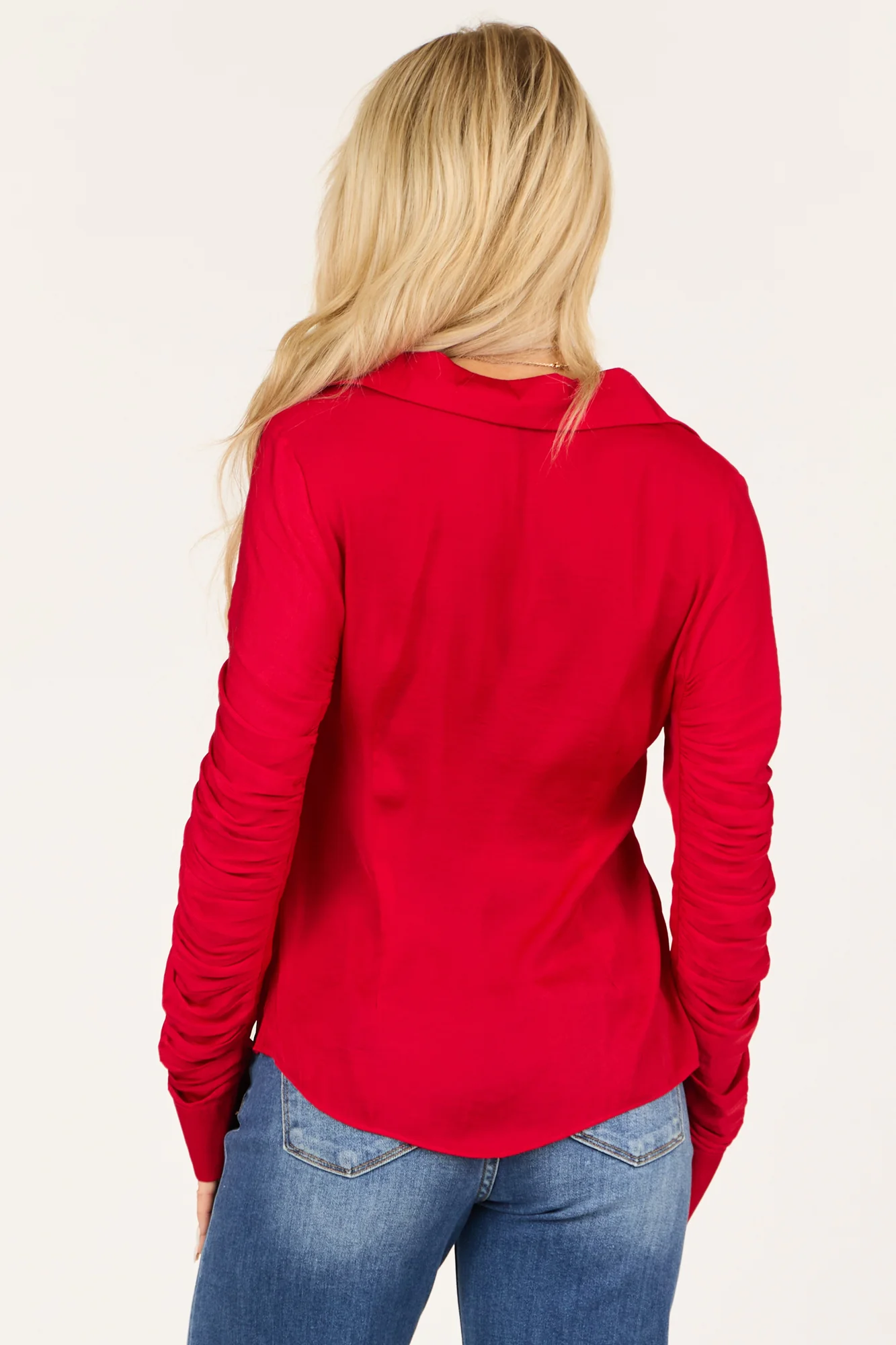 Ruched Red Button-Down Long Sleeve Top